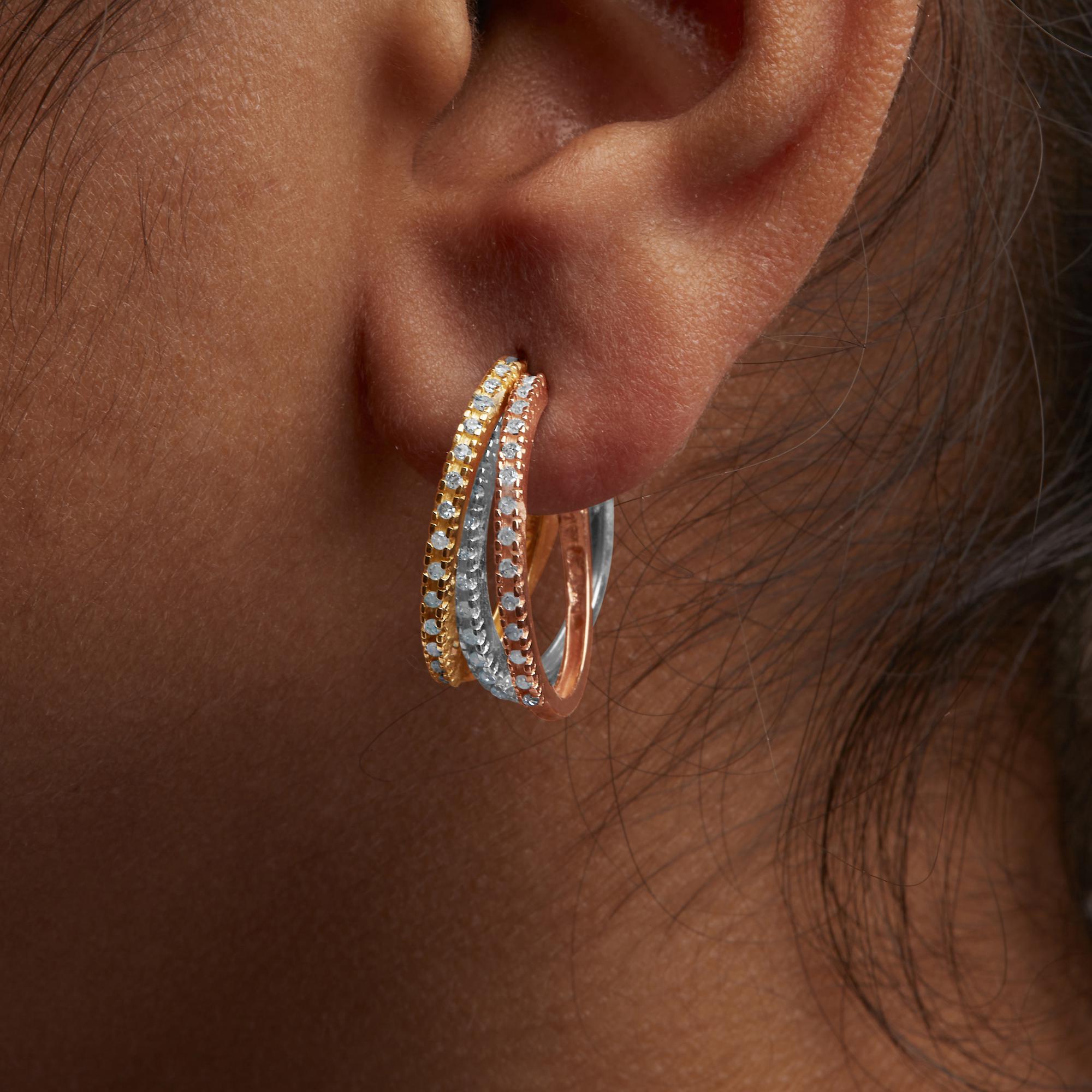 Orecchini a cerchio triplo in oro tricolore 14K con diamanti da 1/3 carati (colore IJ, purezza I2-I3) - 22 mm - Friggin Jewelry