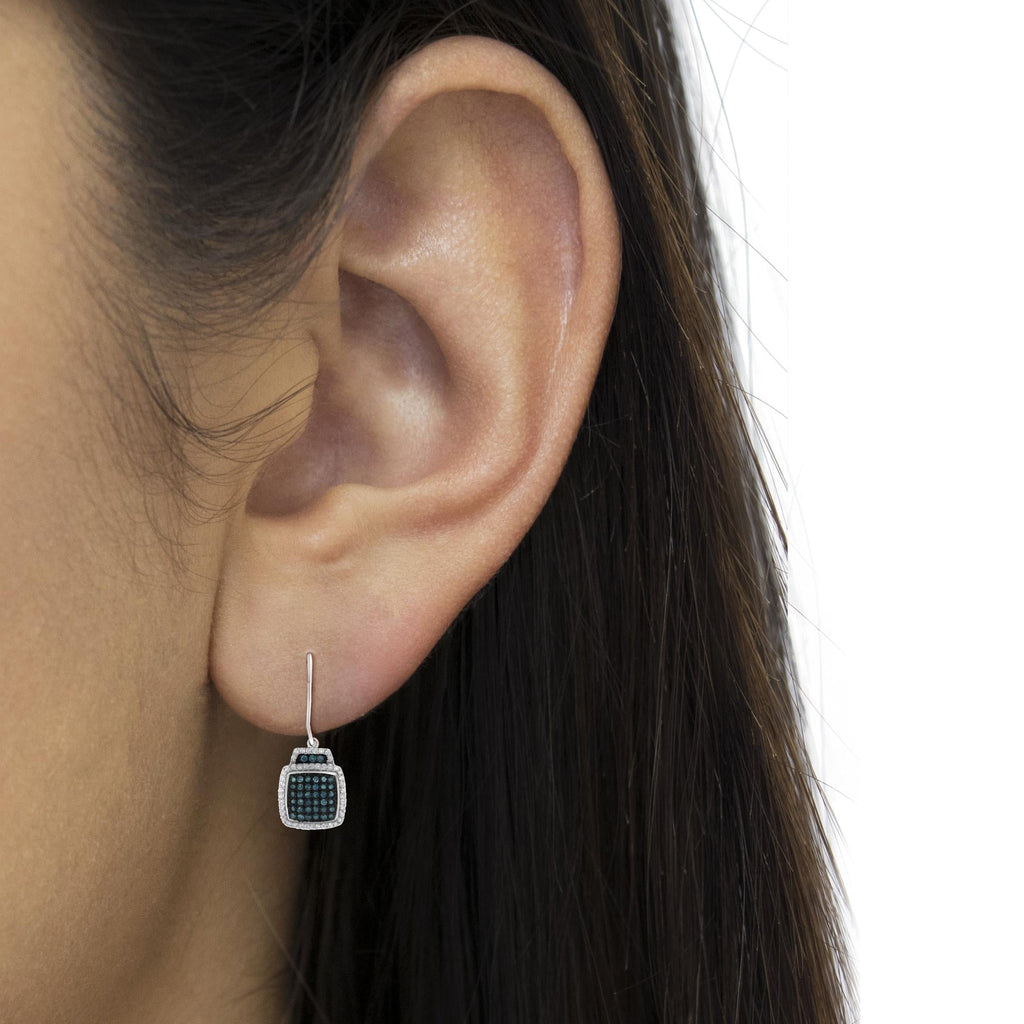 Black Rhodium over .925 Sterling Silver ¾ Cttw Blue and White Diamond Cushion Shaped Dangle Earrings (Enhanced Blue & I-J Color, I2-I3 Clarity) - Friggin Jewelry