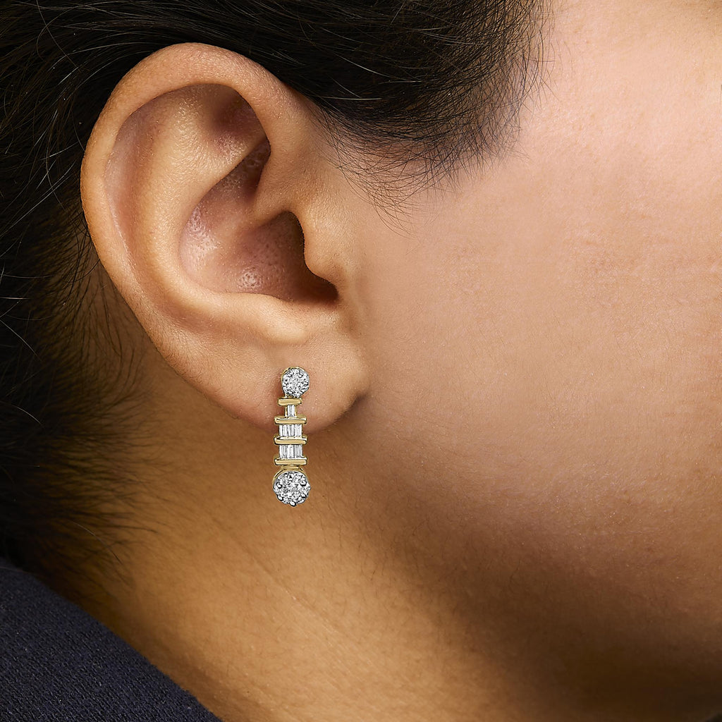 14K Yellow Gold 3/4ct. TDW Round and Baguette-cut Diamond Earrings(H-I,SI1-SI2) - Friggin Jewelry