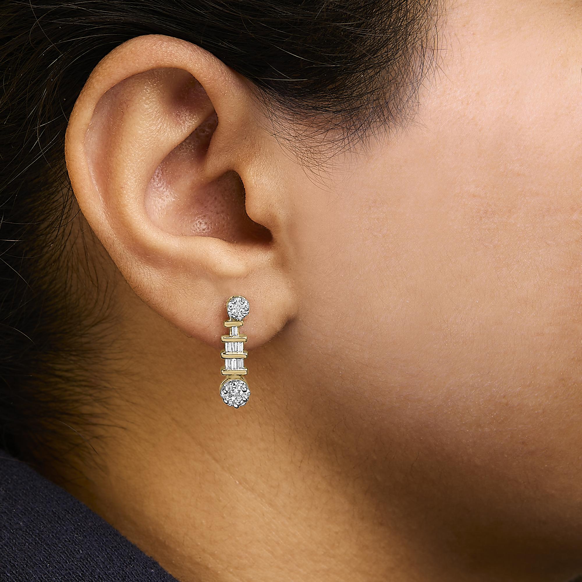 14K Yellow Gold 3/4ct. TDW Round and Baguette-cut Diamond Earrings(H-I,SI1-SI2) - Friggin Jewelry
