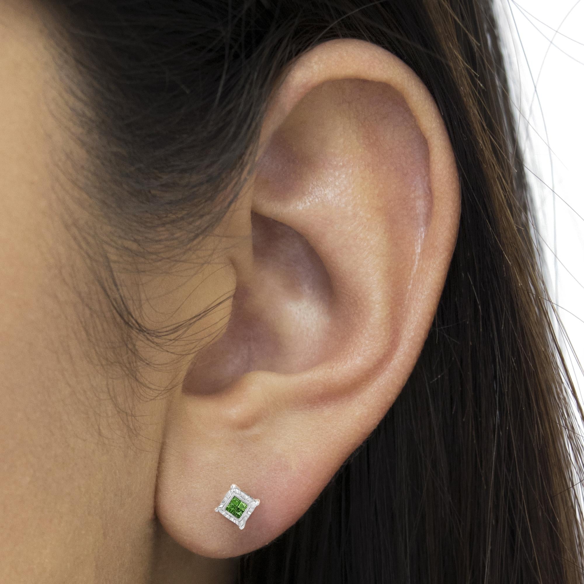 Sterling Silver Color Treated Princess Diamond Quad Stud Earring (1/2 cttw, Green Color, I1-I2 Clarity) - Friggin Jewelry