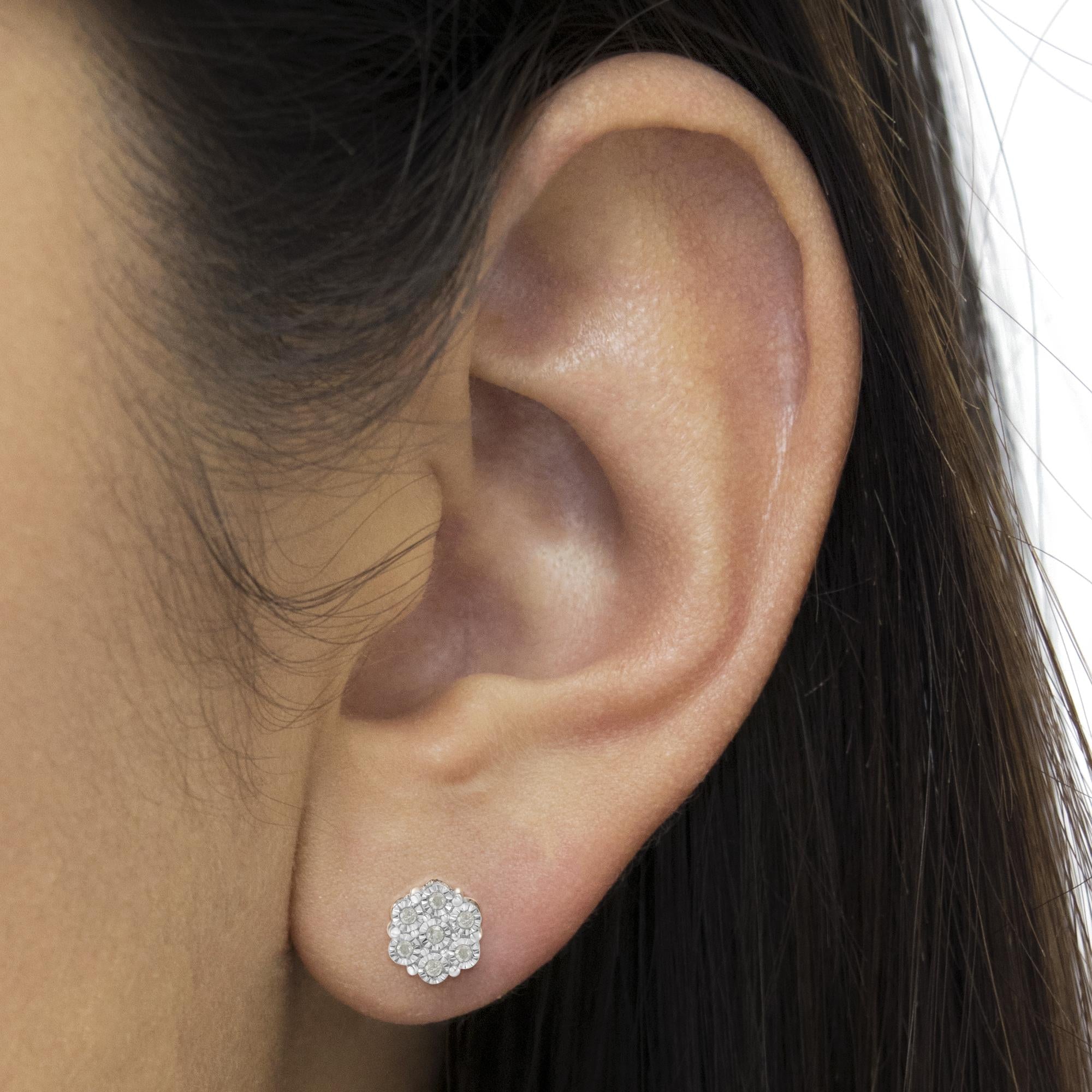 .925 Sterling Silver 1/4 Cttw Round-Cut Diamond Miracle-Set Floral Cluster Button Stud Earrings (I-J Color, I3 Clarity) - Friggin Jewelry