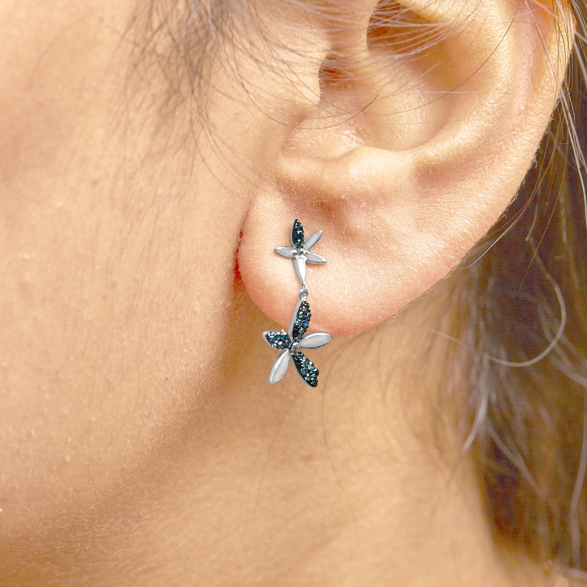 .925 Sterling Silver 1/5ct Cttw Blue Diamond Double Star Drop and Dangle Earrings (Blue Color, SI1-SI2 Clarity) - Friggin Jewelry