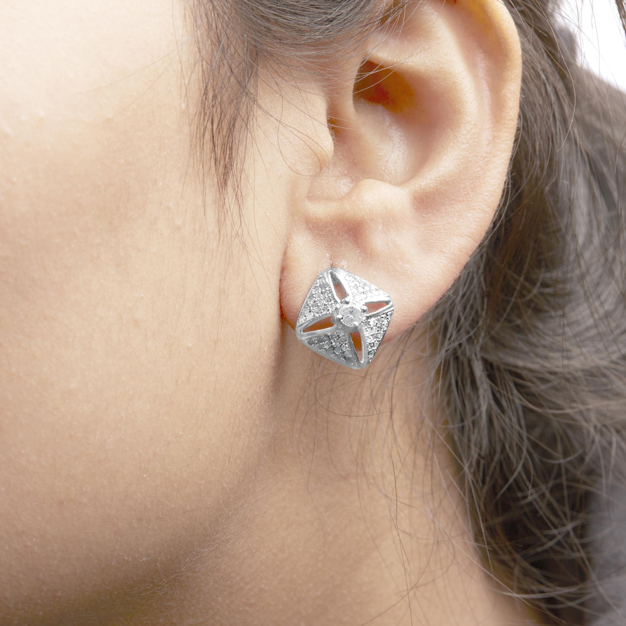 .925 Sterling Silver 1.0 Cttw Diamond Studded Rhombus Stud Earring (H-I Color, I2-I3 Clarity) - Friggin Jewelry