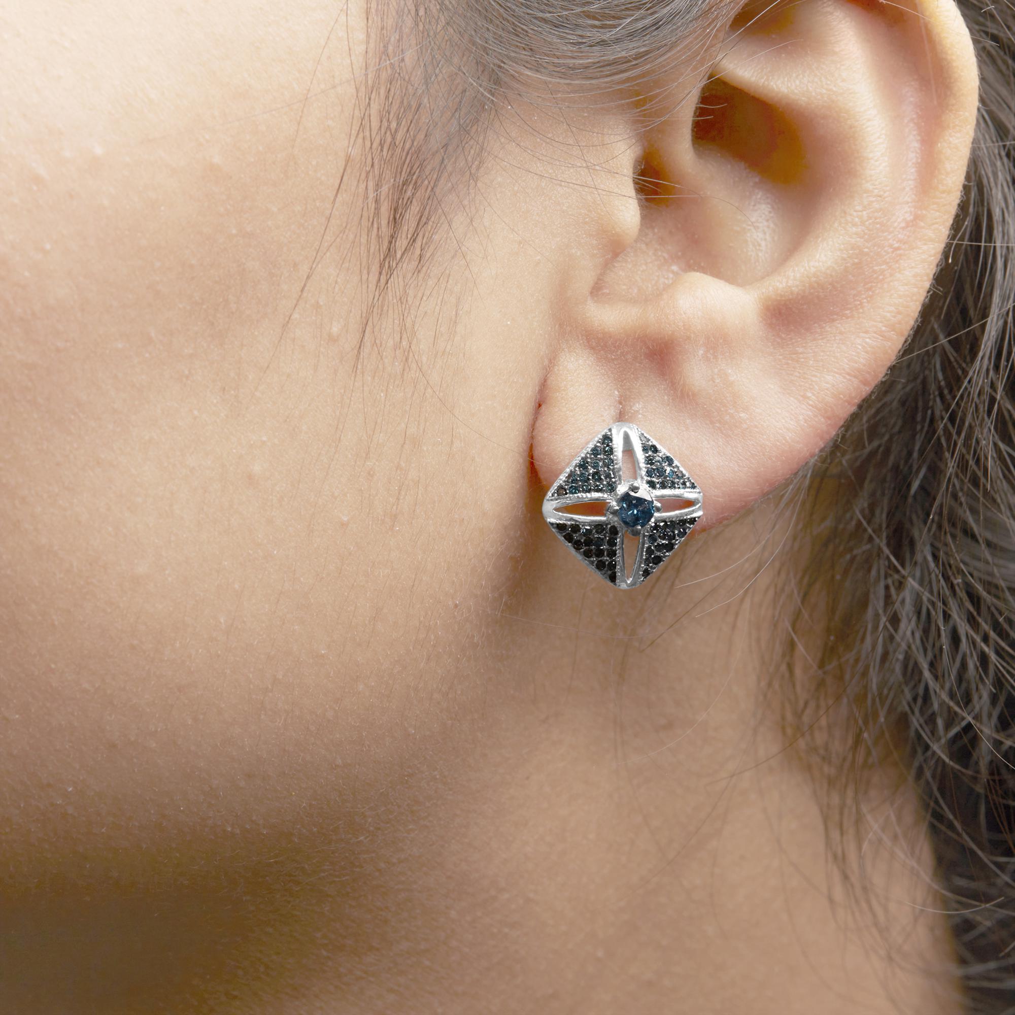 .925 Sterling Silver 1.0 Cttw Blue Diamond Studded Rhombus Stud Earring (Blue Color, I2-I3 Clarity) - Friggin Jewelry