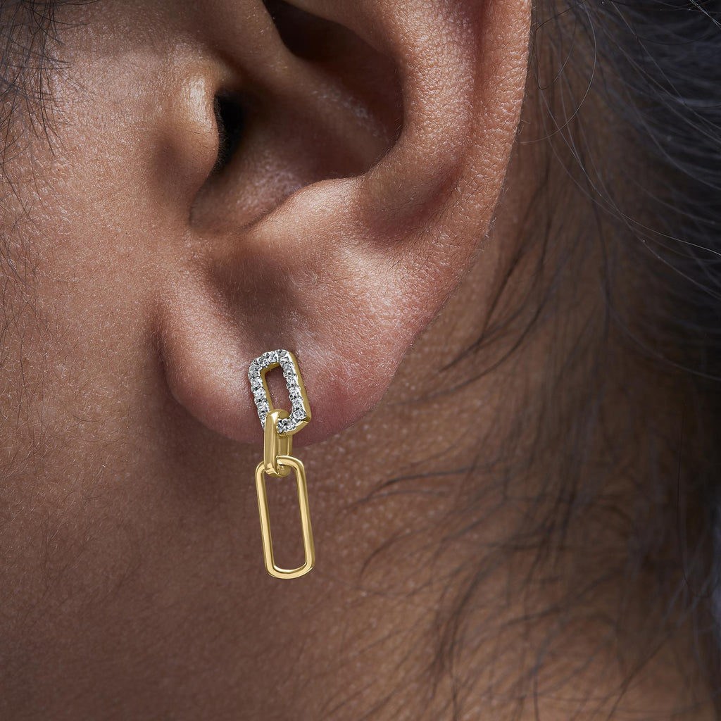 14K Yellow Gold 1/10 Cttw Diamond Studded Paperclip Drop and Dangle Earrings (I-J Color, SI1-SI2 Clarity) - Friggin Jewelry