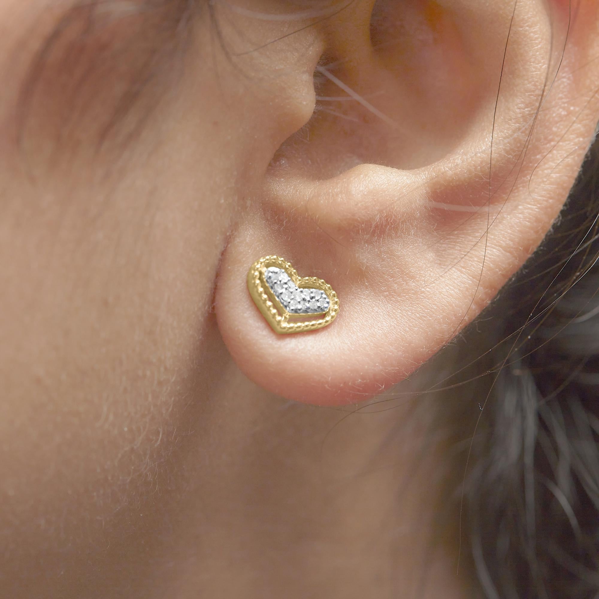 10K Yellow Gold 1/10 Cttw Diamond Heart and Beaded Halo Stud Earrings (I-J Color, I1-I2 Clarity) - Friggin Jewelry