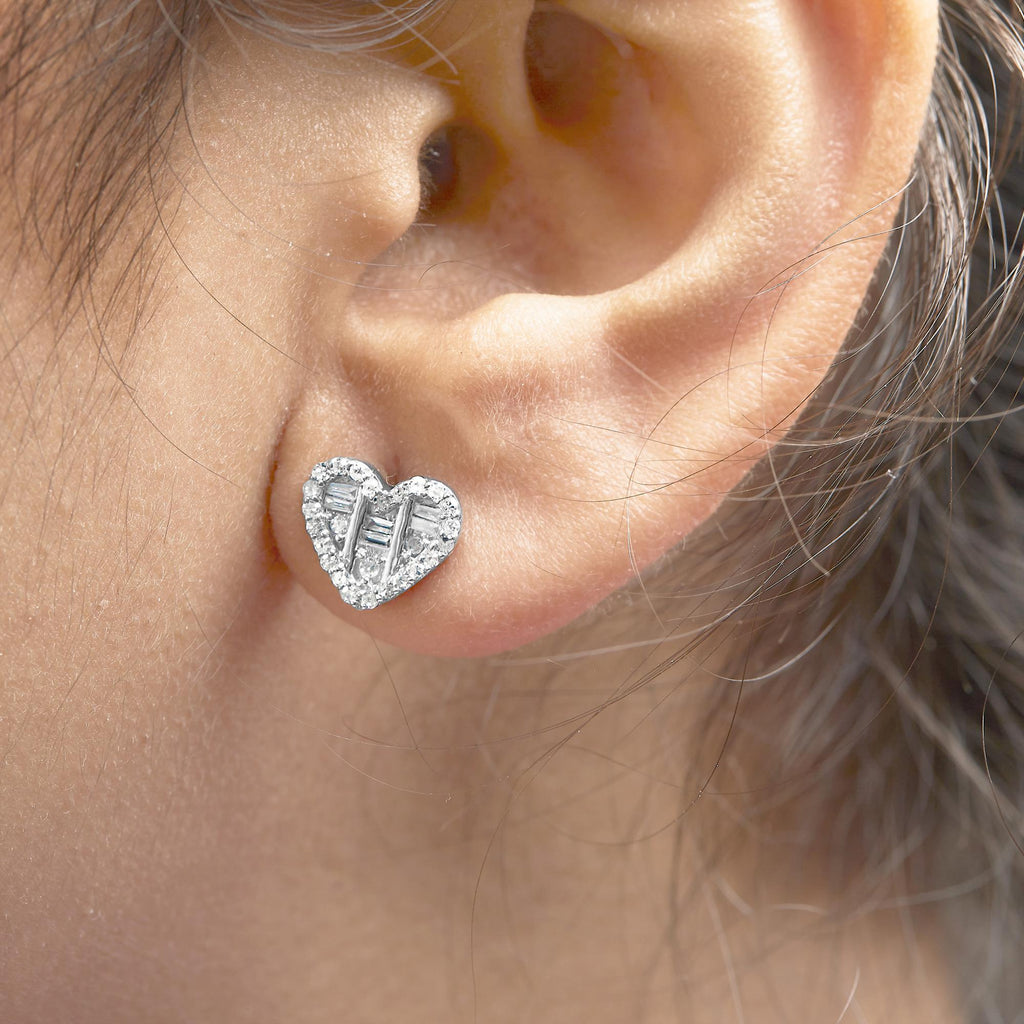 .925 Sterling Silver 1/2 Cttw Round and Baguette Diamond Composite Heart Shaped Stud Earring (I-J Color, SI2-I1 Clarity) - Friggin Jewelry