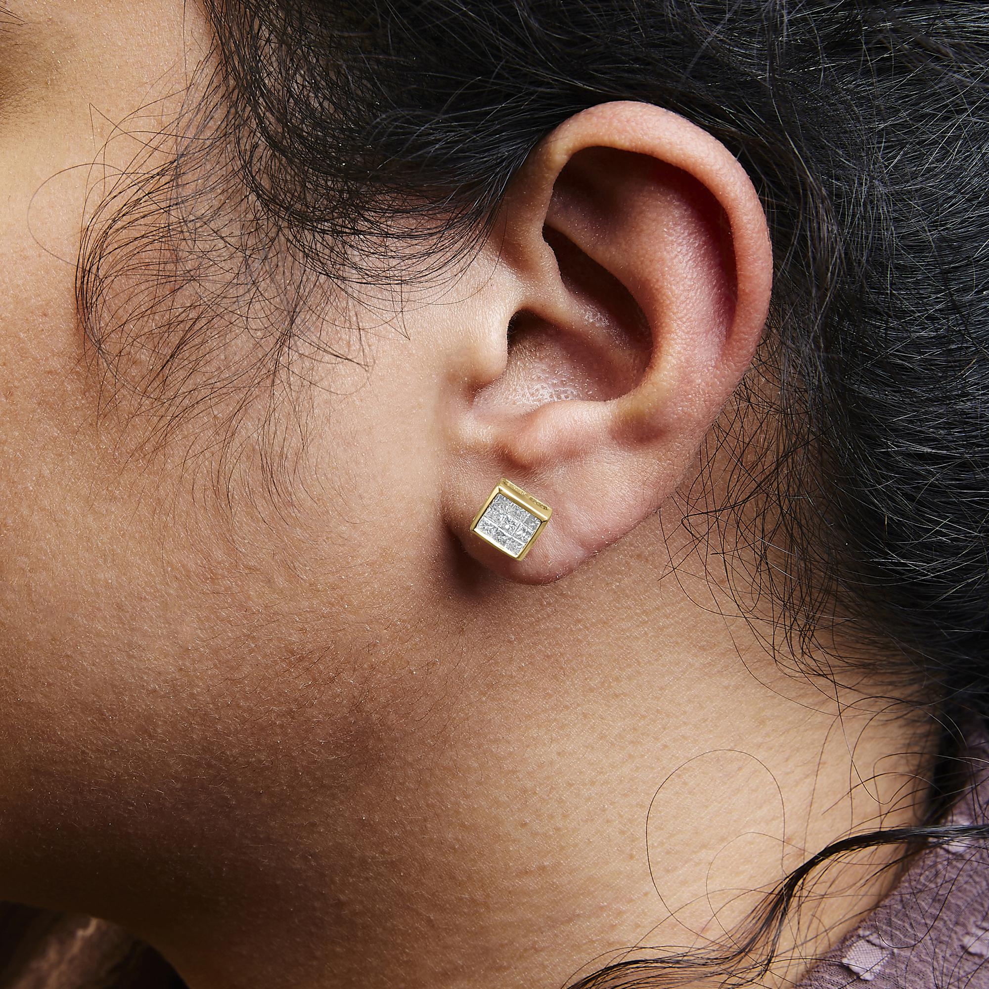Aretes de oro amarillo de 14 quilates con diamantes de talla princesa de 1,0 ct y cierre de rosca (color JK, claridad SI1-SI2) - Friggin Jewelry