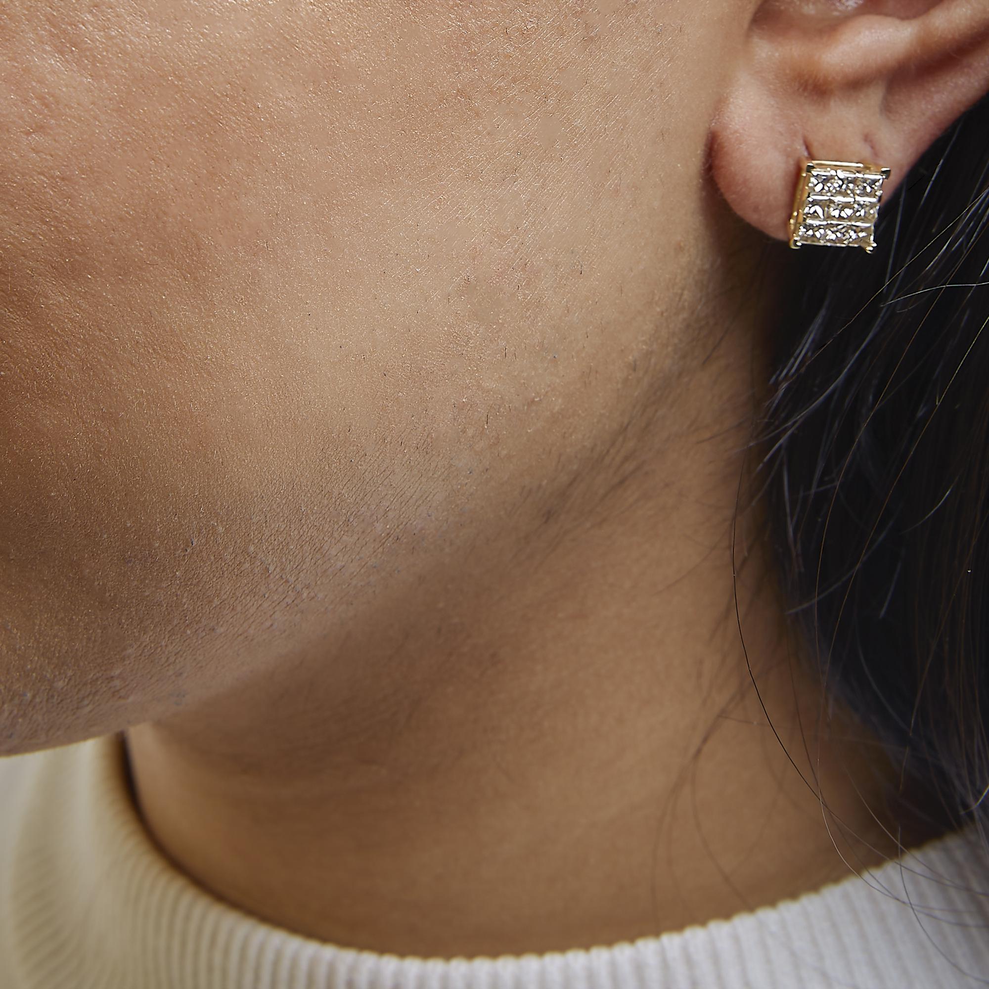 Aretes de oro amarillo de 14 quilates con diamantes de talla princesa de 1 1/2 ct y 9 piedras cuadradas engastadas invisibles (color JK, claridad SI2-I1) - Friggin Jewelry
