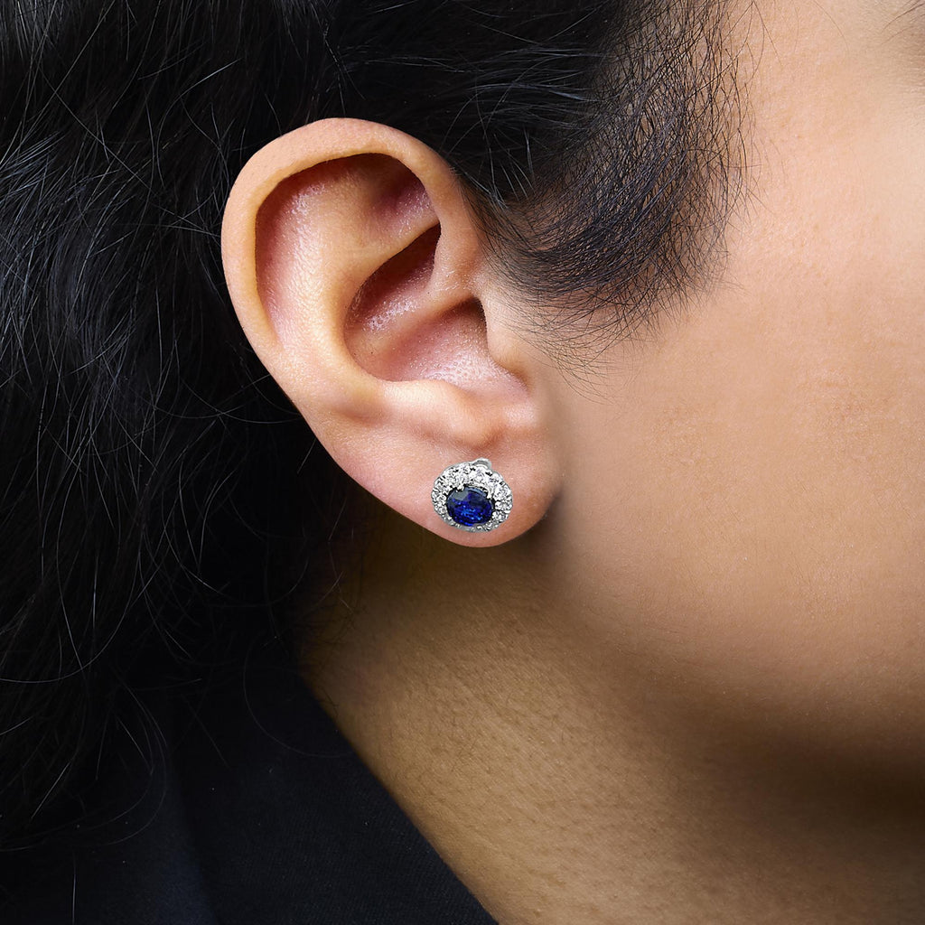 14K White Gold 3.0 Cttw Lab-Grown Blue Diamond Halo Stud Earrings (Blue & F-G Color, VS1-VS2 Clarity) - Friggin Jewelry Premium