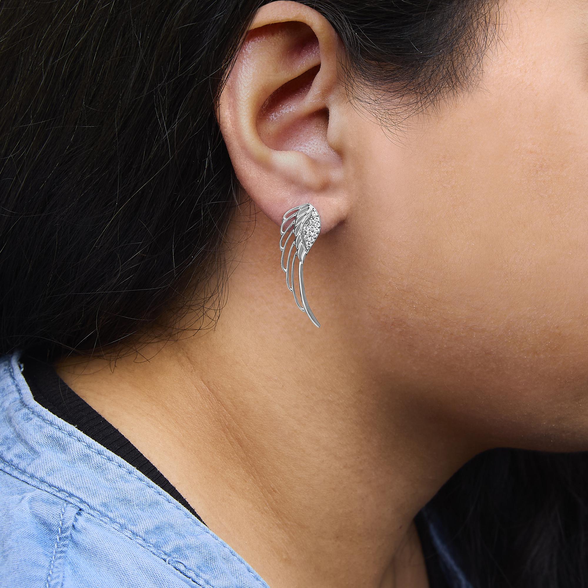 Aretes de oro blanco de 14 quilates con alas de ángel y diamantes cultivados en laboratorio de 1/4 ct (color FG, claridad VS1-VS2) - Friggin Jewelry