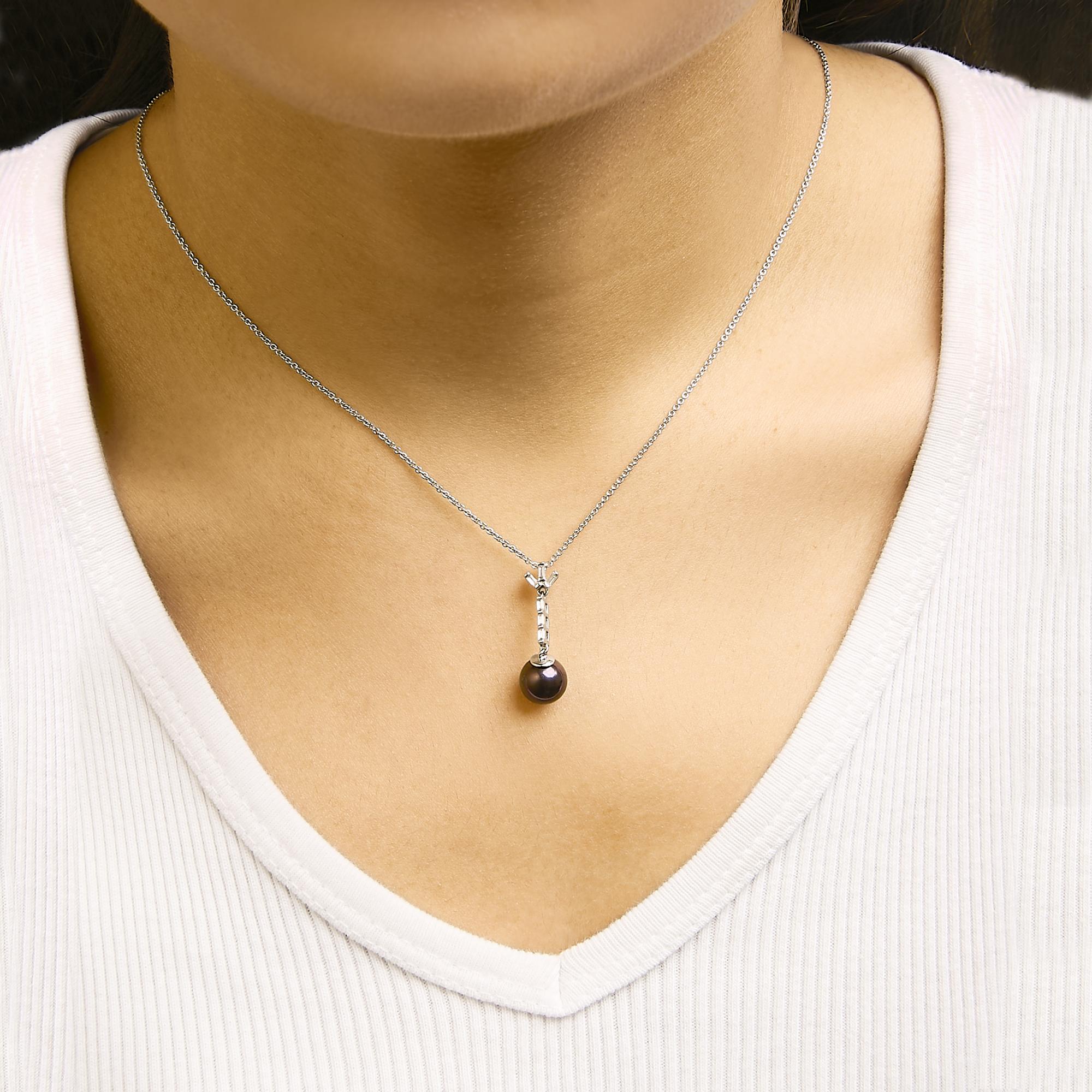 Collar con colgante de perla negra de 8 mm y zafiro blanco creado en plata de ley 925 - Friggin Jewelry