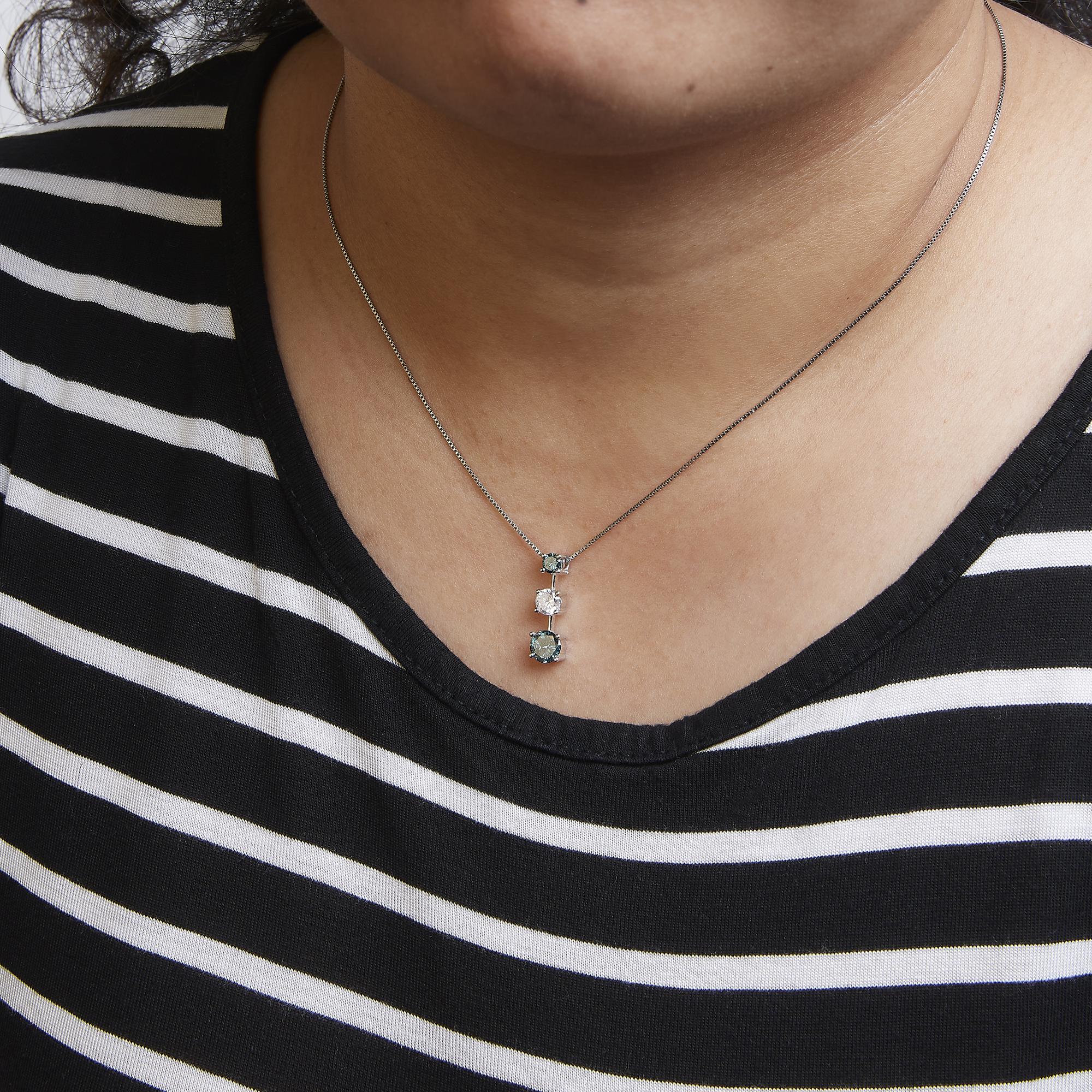 14K White Gold 1 1/2 Cttw Treated Blue and White Diamond 3-Stone 18" Pendant Necklace (Blue/H-I Color, I1-I2 Clarity) - Friggin Jewelry Premium