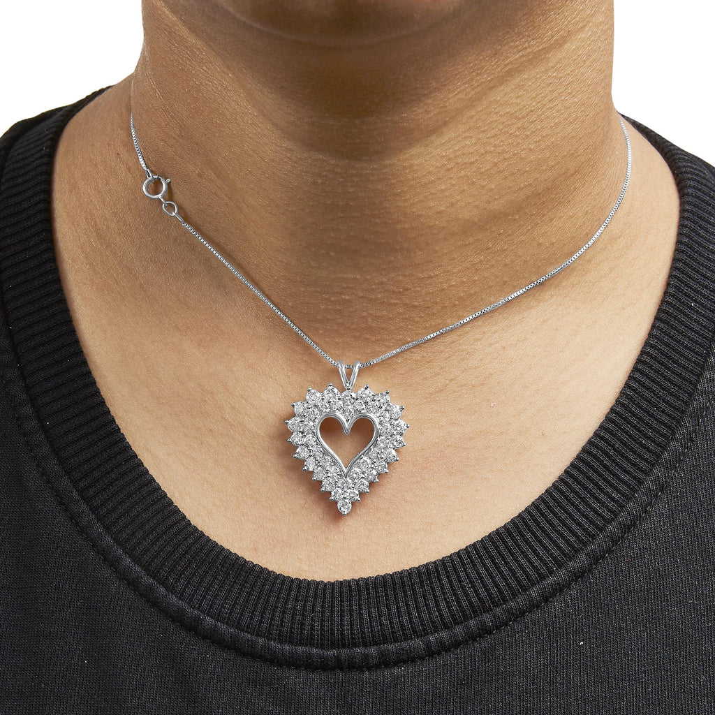 925 Sterling Silver 4.0 Cttw Diamond Two Row Open Heart 18" Pendant Necklace (I-J Color, I2-I3 Clarity) - Friggin Jewelry