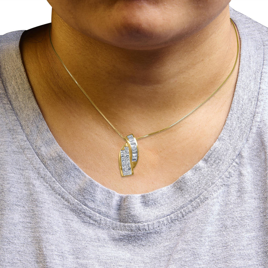 14k Yellow Gold 1 1/3 Cttw Princess and Baguette-cut Diamond Double Curved Pendant Necklace (H-I Color ,VS1-VS2 Clarity) - Chain Not Included - Friggin Jewelry Premium