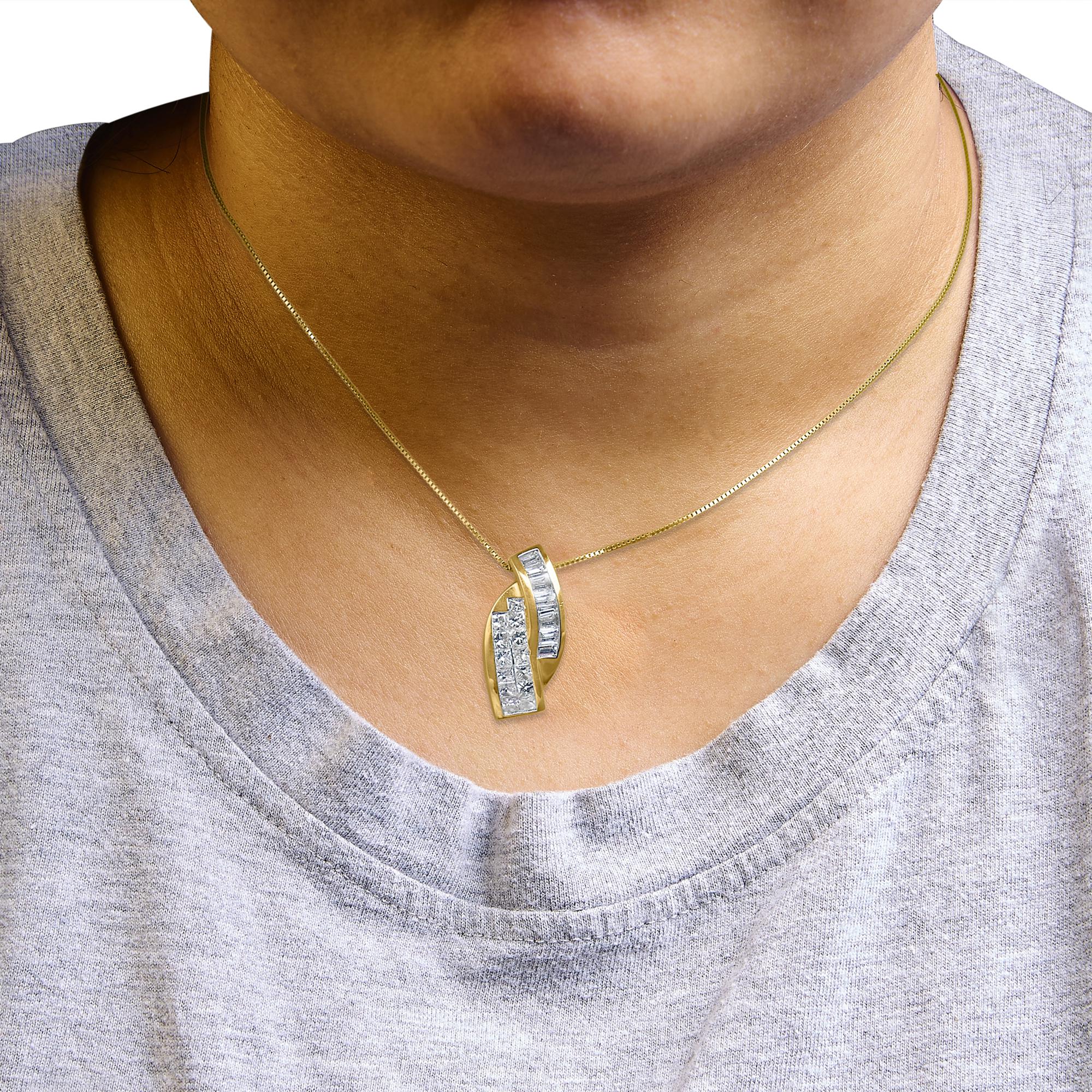 14k Yellow Gold 1 1/3 Cttw Princess and Baguette-cut Diamond Double Curved Pendant Necklace (H-I Color ,VS1-VS2 Clarity) - Chain Not Included - Friggin Jewelry Premium