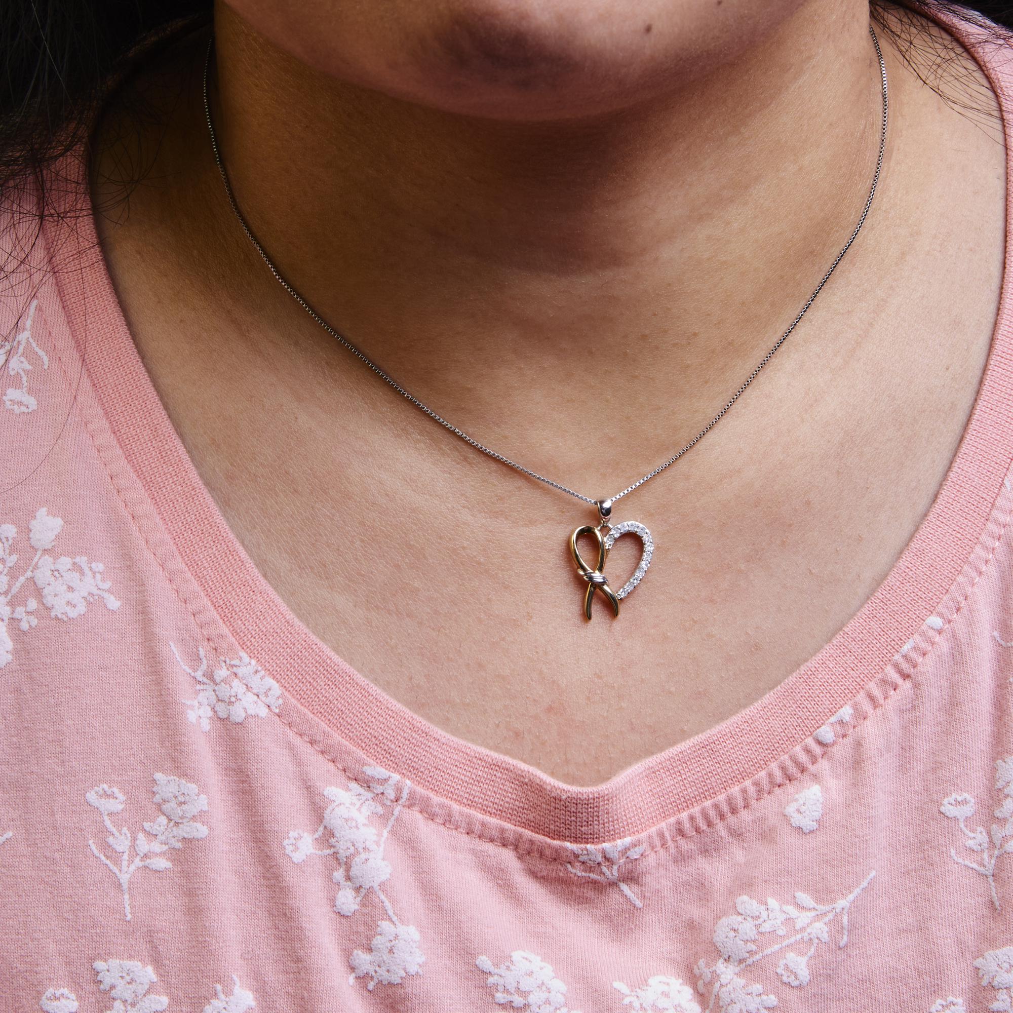 10K Yellow Gold Plated .925 Sterling Silver 1/5 Cttw Diamond Ribbon Heart Pendant Necklace (H-I Color, I2-I3 Clarity) - 18" - Friggin Jewelry