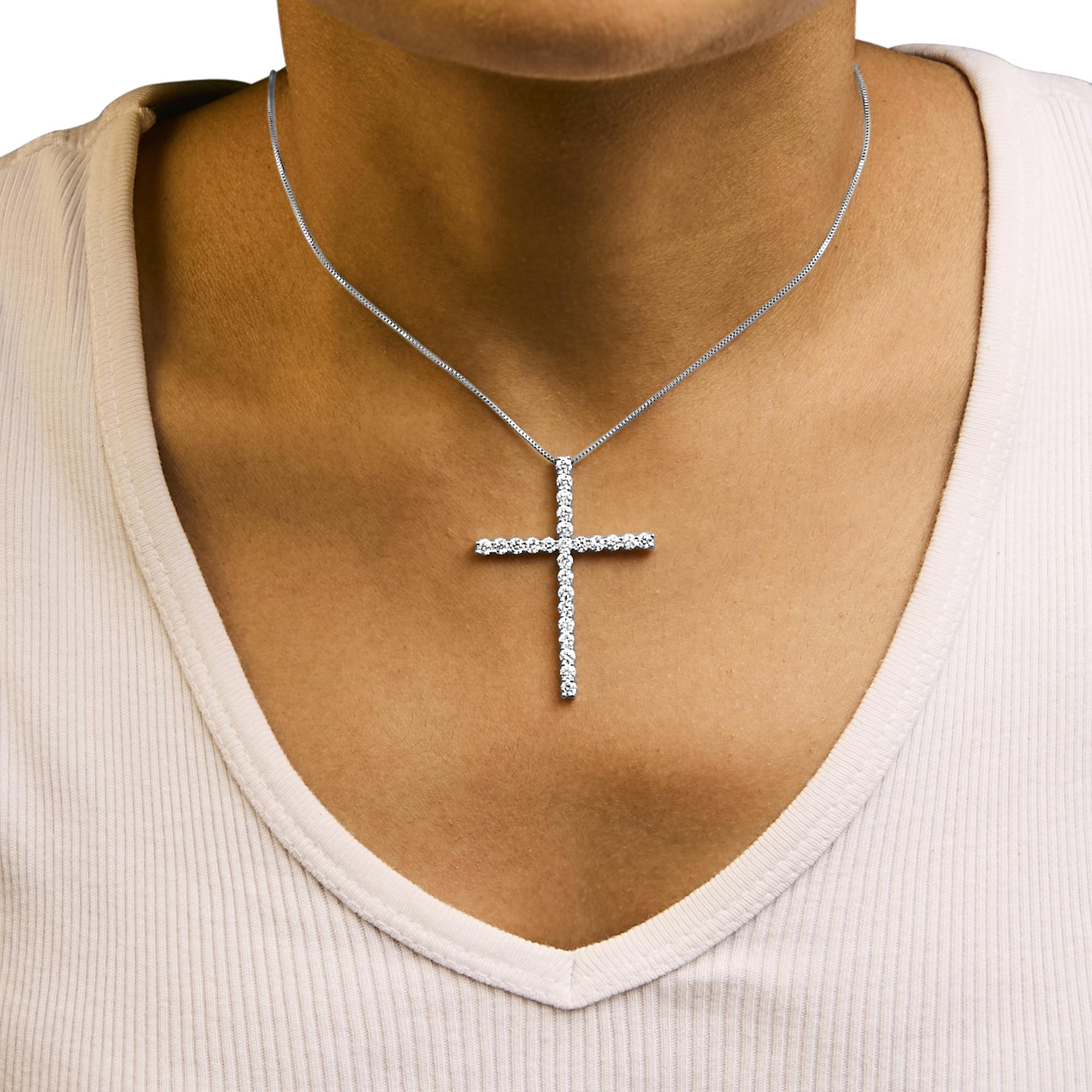 14K White Gold 2.0 Cttw Lab Grown Diamond Cross 18" Inch Pendant Necklace (F-G Color, VS2-SI1 Clarity) - Friggin Jewelry