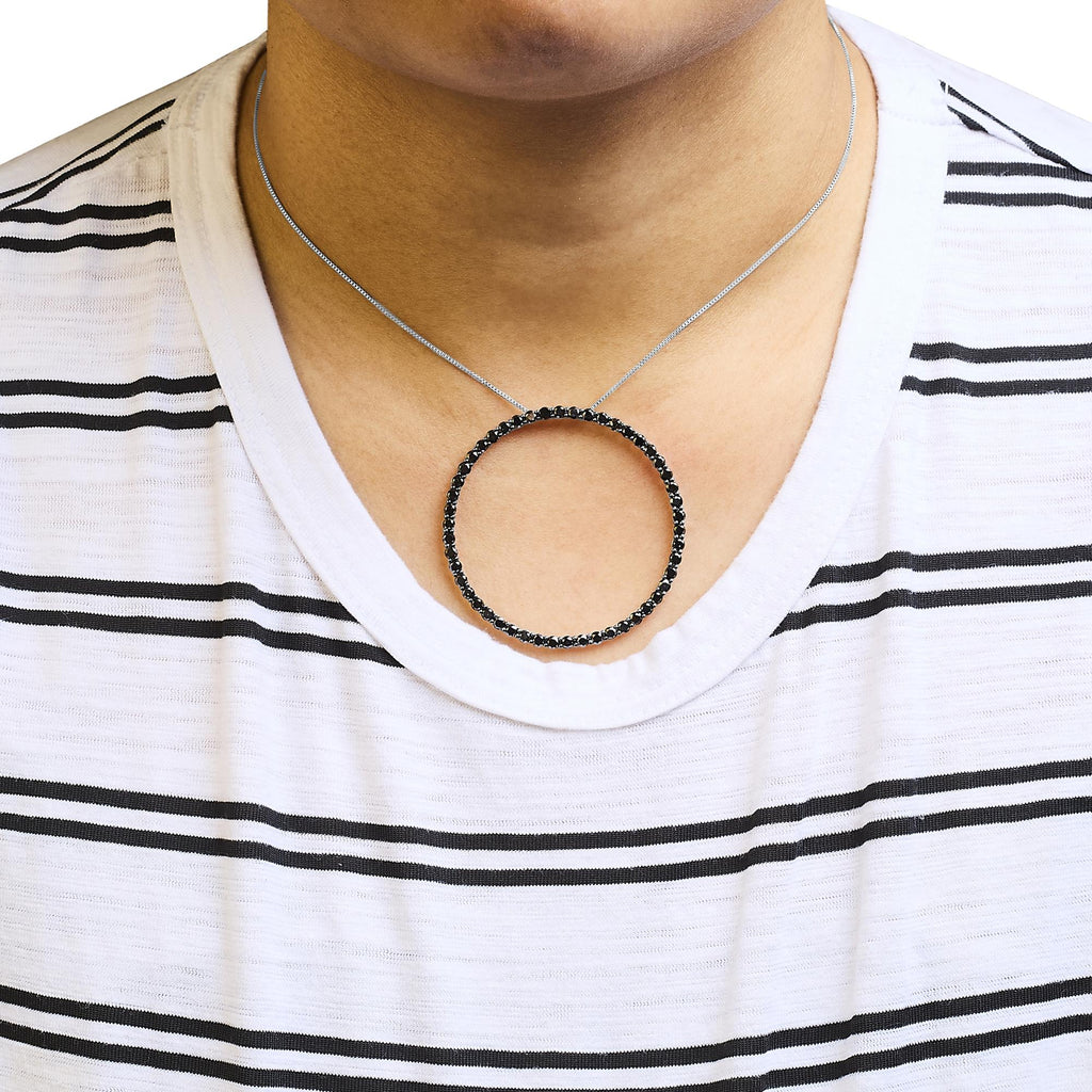 .925 Sterling Silver Black Diamond Open Hoop Circle 18" Pendant Necklace (Black Color, I2-I3 Clarity) - Friggin Jewelry