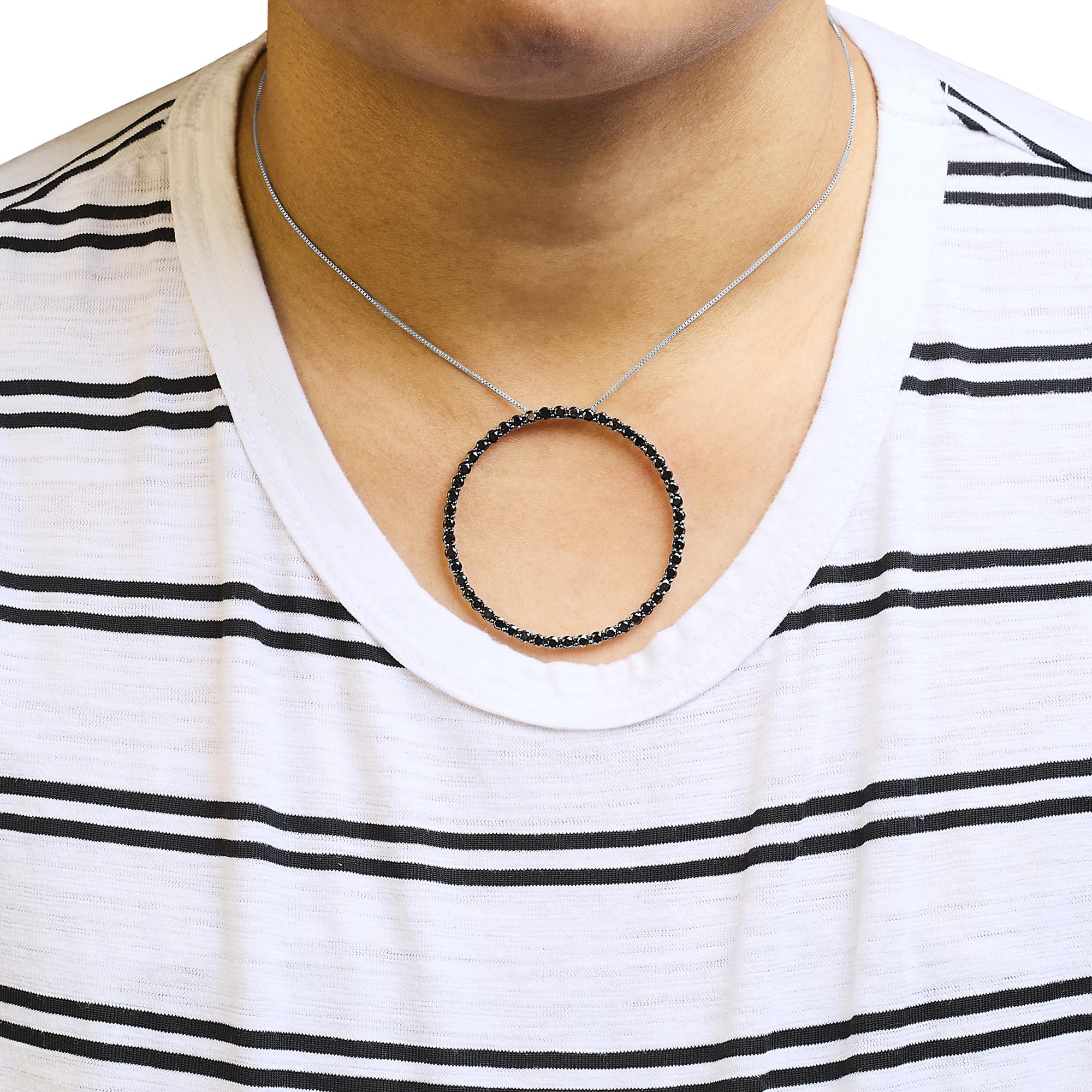 .925 Sterling Silver Black Diamond Open Hoop Circle 18" Pendant Necklace (Black Color, I2-I3 Clarity) - Friggin Jewelry