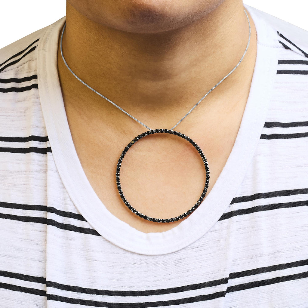 .925 Sterling Silver Black Diamond Open Hoop Circle 18" Pendant Necklace (Black Color, I2-I3 Clarity) - Friggin Jewelry