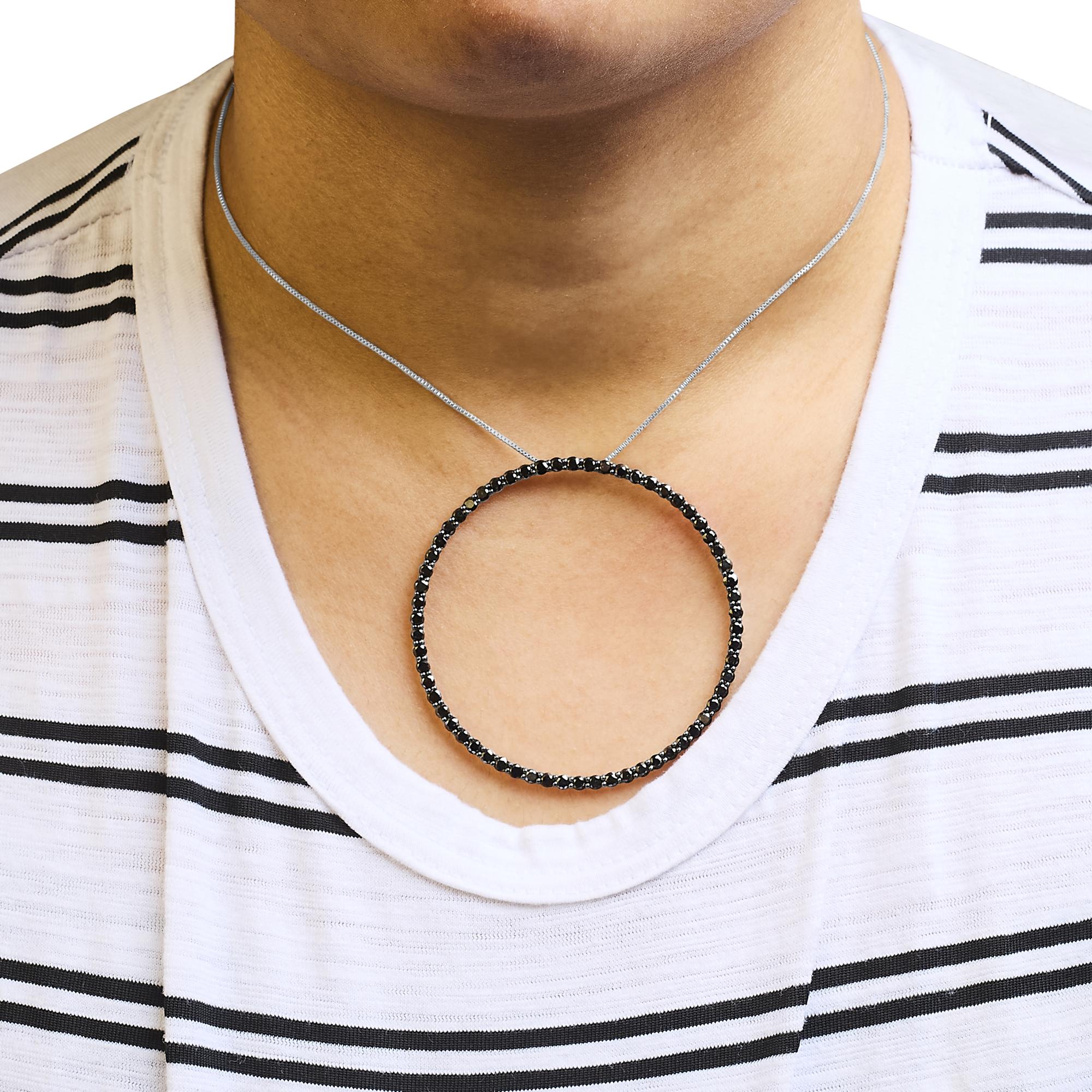 .925 Sterling Silver Black Diamond Open Hoop Circle 18" Pendant Necklace (Black Color, I2-I3 Clarity) - Friggin Jewelry