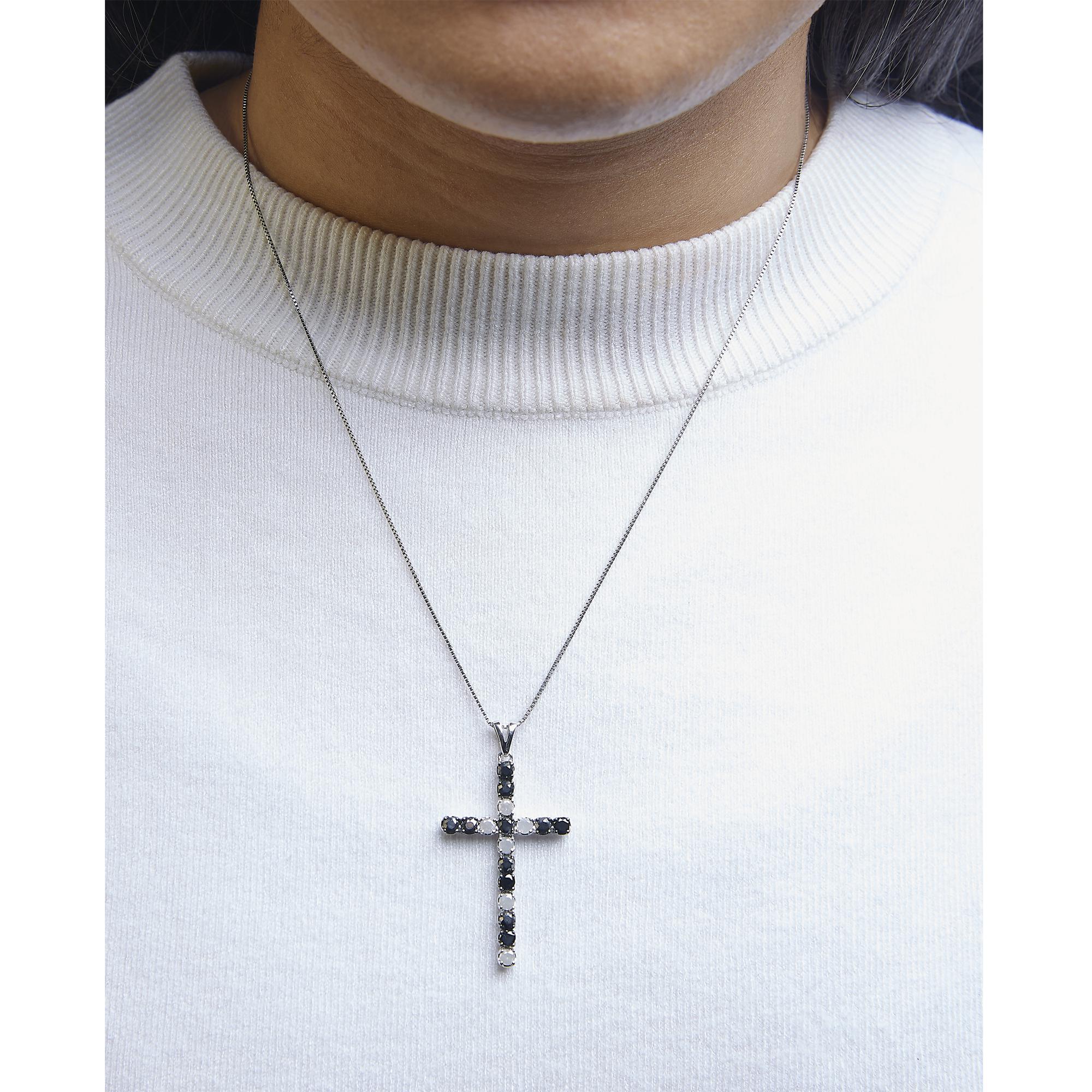 .925 Sterling Silver 2.0 Cttw Prong Set Round Natural Treated Black and White Diamond Cross Pendant Necklace - 18" (Black/H-I Color, I3 Clarity) - Friggin Jewelry