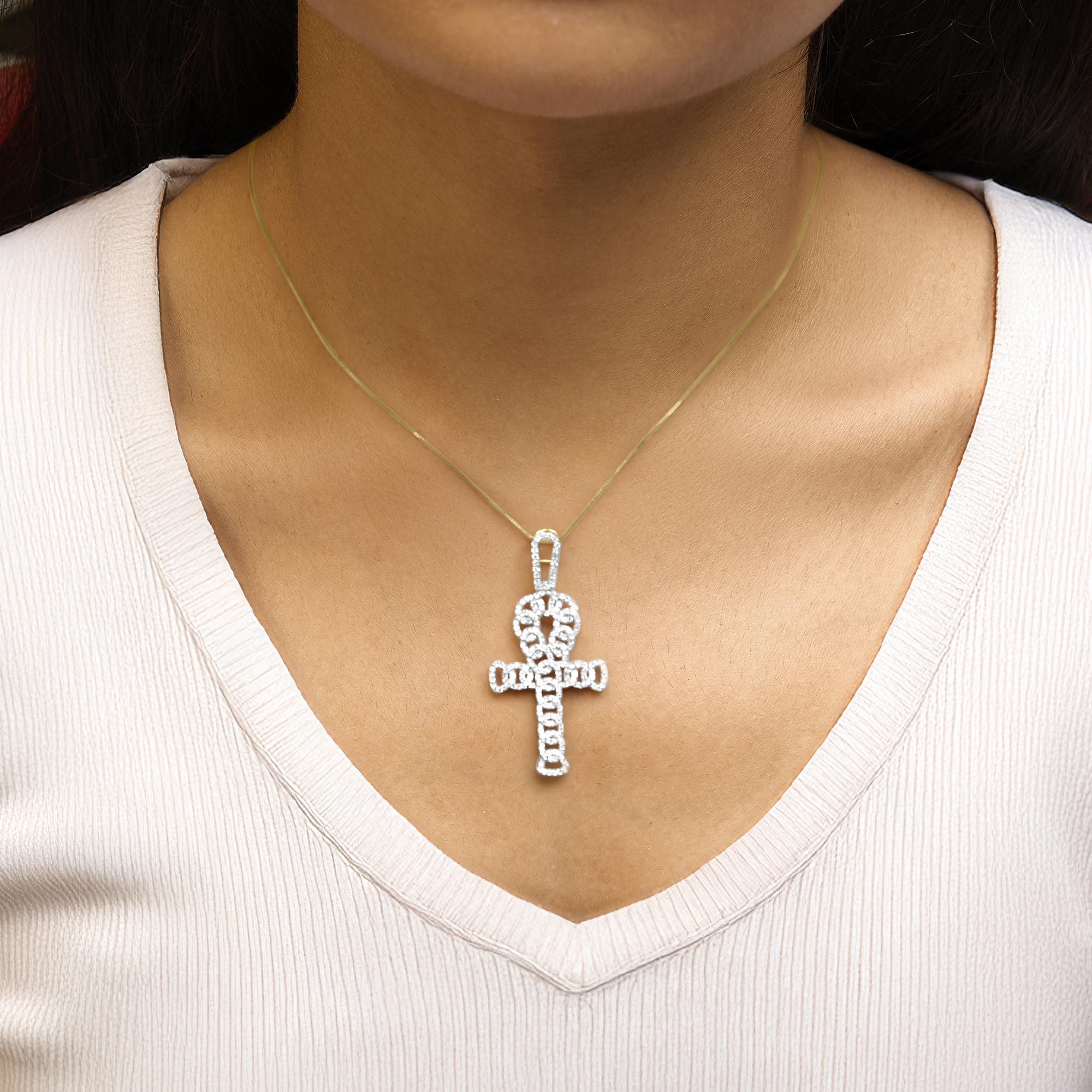 10K Yellow Gold 1.00 Cttw Ankh Cross Pendant (H-I Color, SI1-SI2 Clarity) -18" Inches - Friggin Jewelry