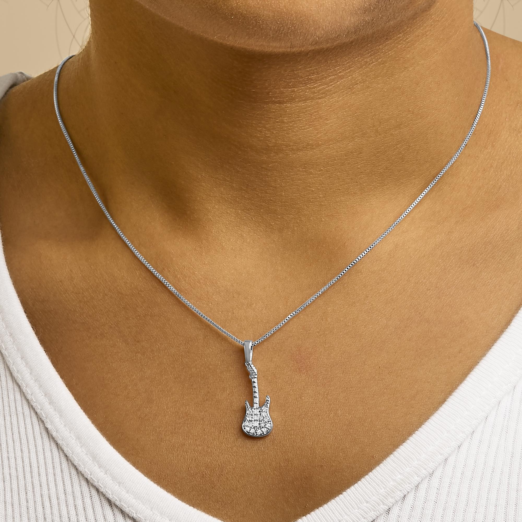 .925 Sterling Silver 1/10 Cttw Diamond Studded Guitar Pendant Necklace (I-J Color, I2-I3 Clarity) - 18" Inches - Friggin Jewelry