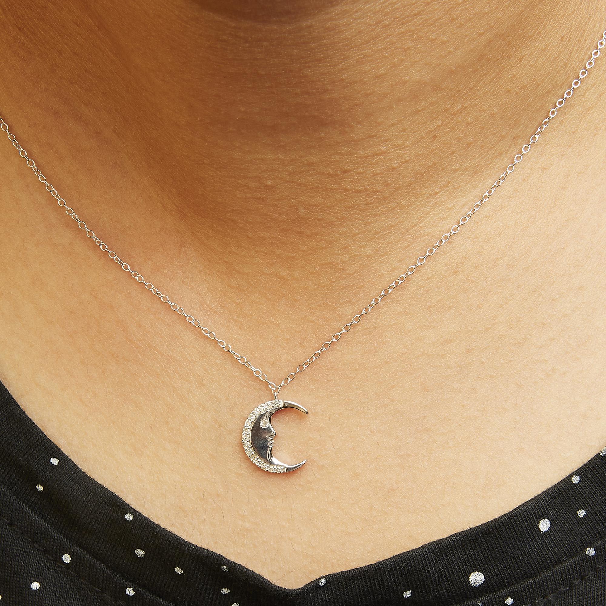 .925 Sterling Silver 1/10ct Diamond Crescent Man on the Moon 18" Pendant Necklace (H-I Color, SI1-SI2 Clarity) - Friggin Jewelry