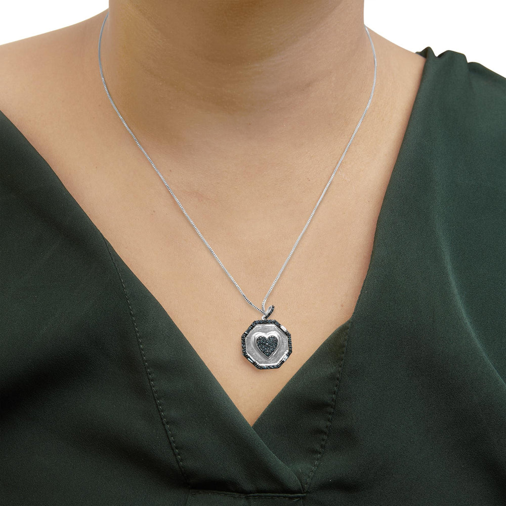 .925 Sterling Silver 5/8 Cttw Blue Diamond Mirror Plate with Heart and Diamond Halo 18" Pendant Necklace (Blue Color, I2-I3 Clarity) - Friggin Jewelry
