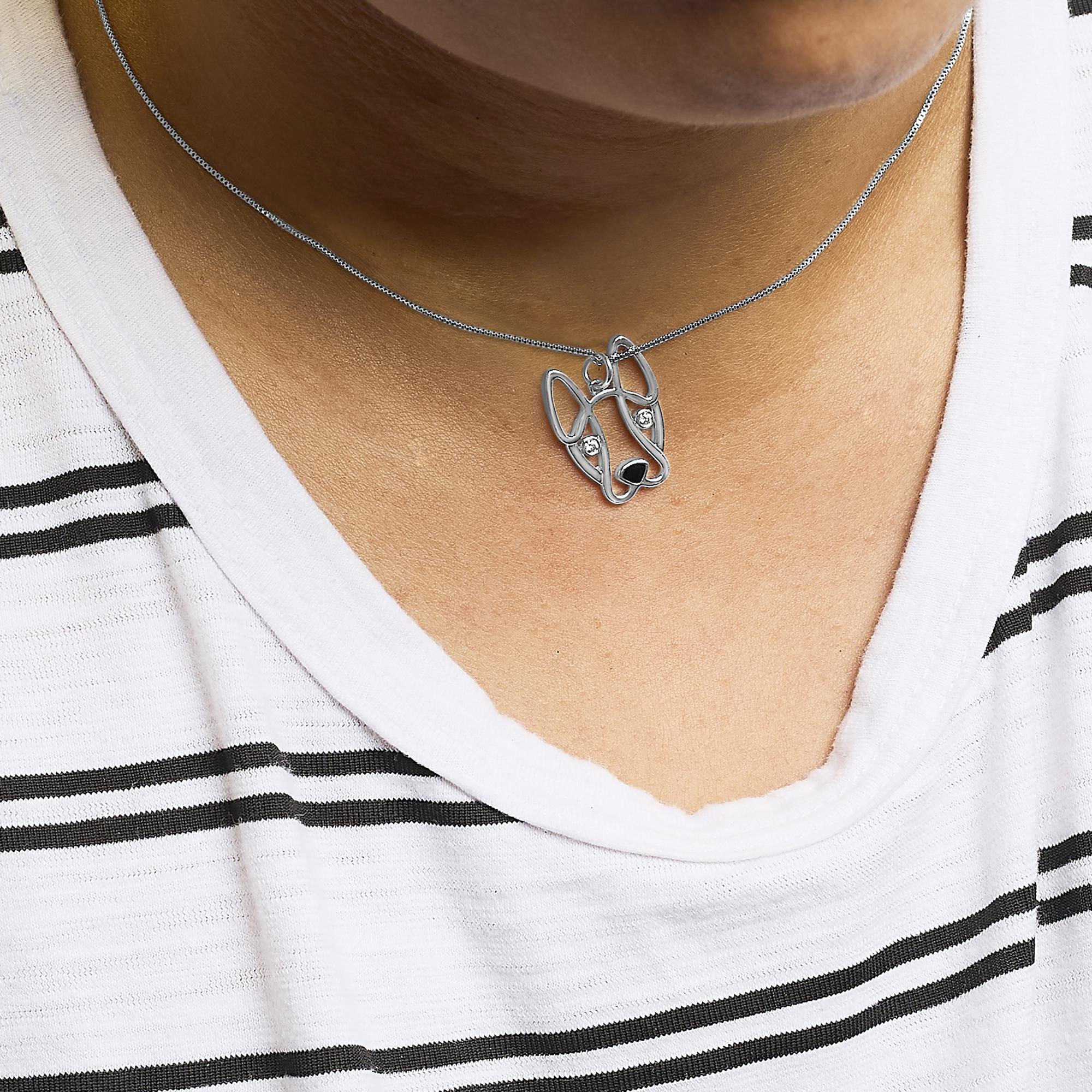 .925 Sterling Silver Diamond Accent and Black Enamel French Bullldog 18" Inch Pendant Necklace inch (I-J Color, I2-I3 Clarity) - Friggin Jewelry