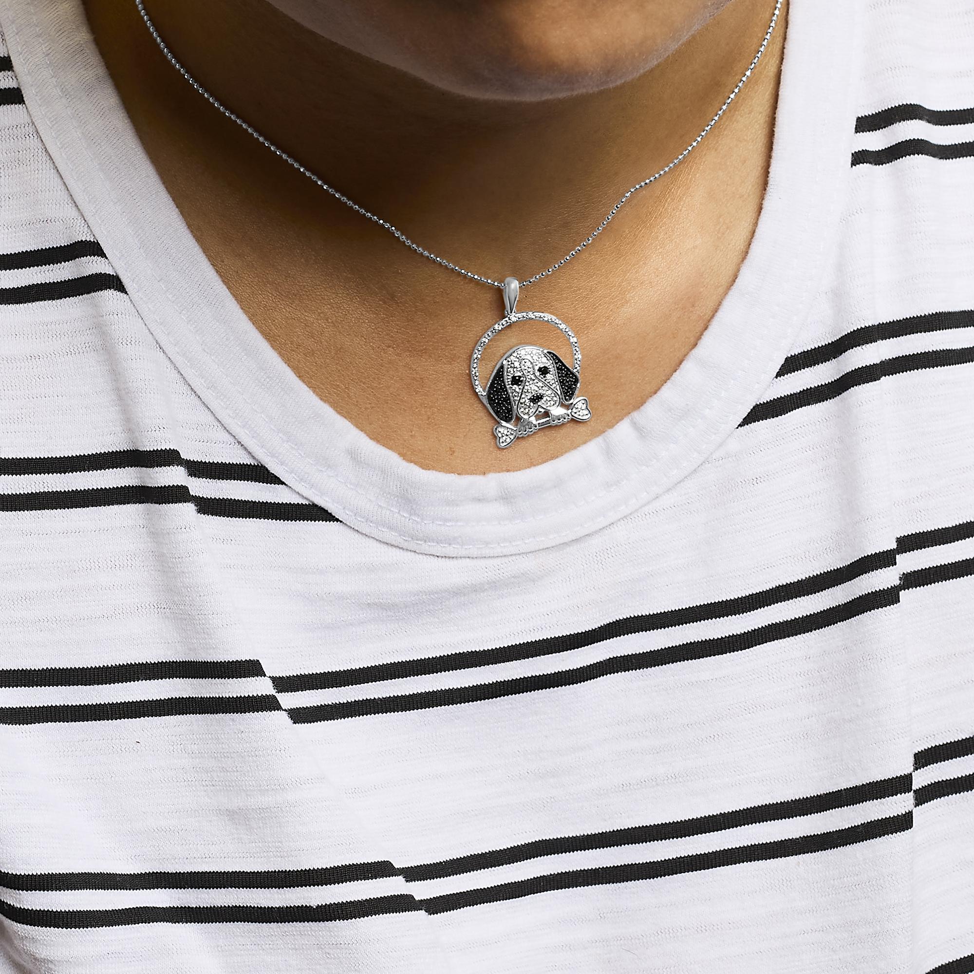 Collana con ciondolo a forma di cane Beagle e osso in argento sterling 925 da 1/4 ct con diamanti bianchi e neri (colore IJ, purezza I2-I3) - 18 pollici - Friggin Jewelry