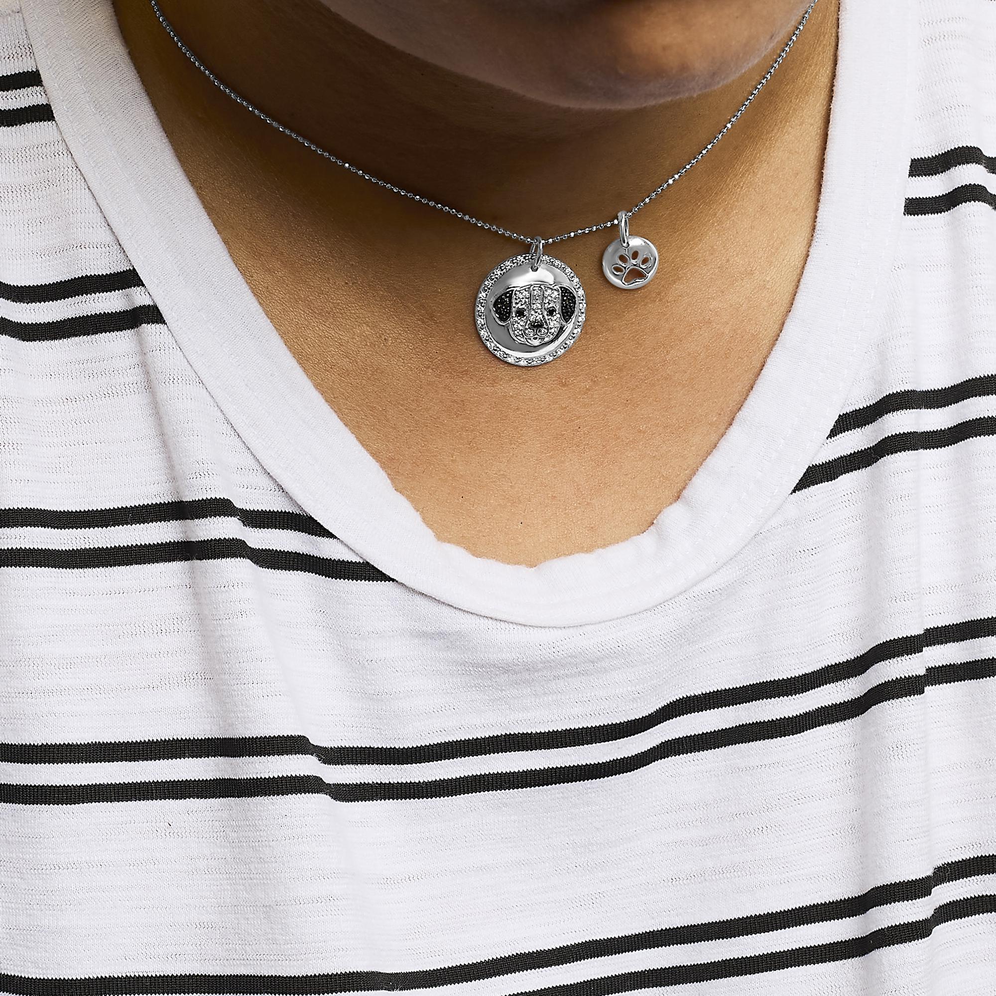 .925 Sterling Silver 1/4 Cttw White and Black Diamond Pitbull Dog Medallion and Charm 18" Pendant Necklace (I-J Color, I2-I3 Clarity) - Friggin Jewelry
