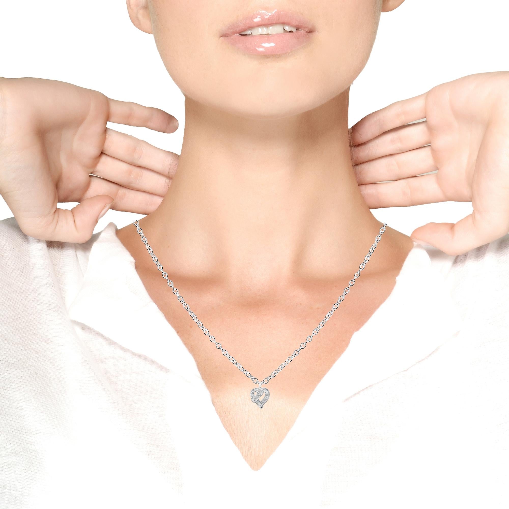 .925 Sterling Silver 1 1/4 Cttw Round Diamond Openwork Ribbon Weave Heart Pendant 18" Necklace (I-J Color, I3 Clarity) - Friggin Jewelry