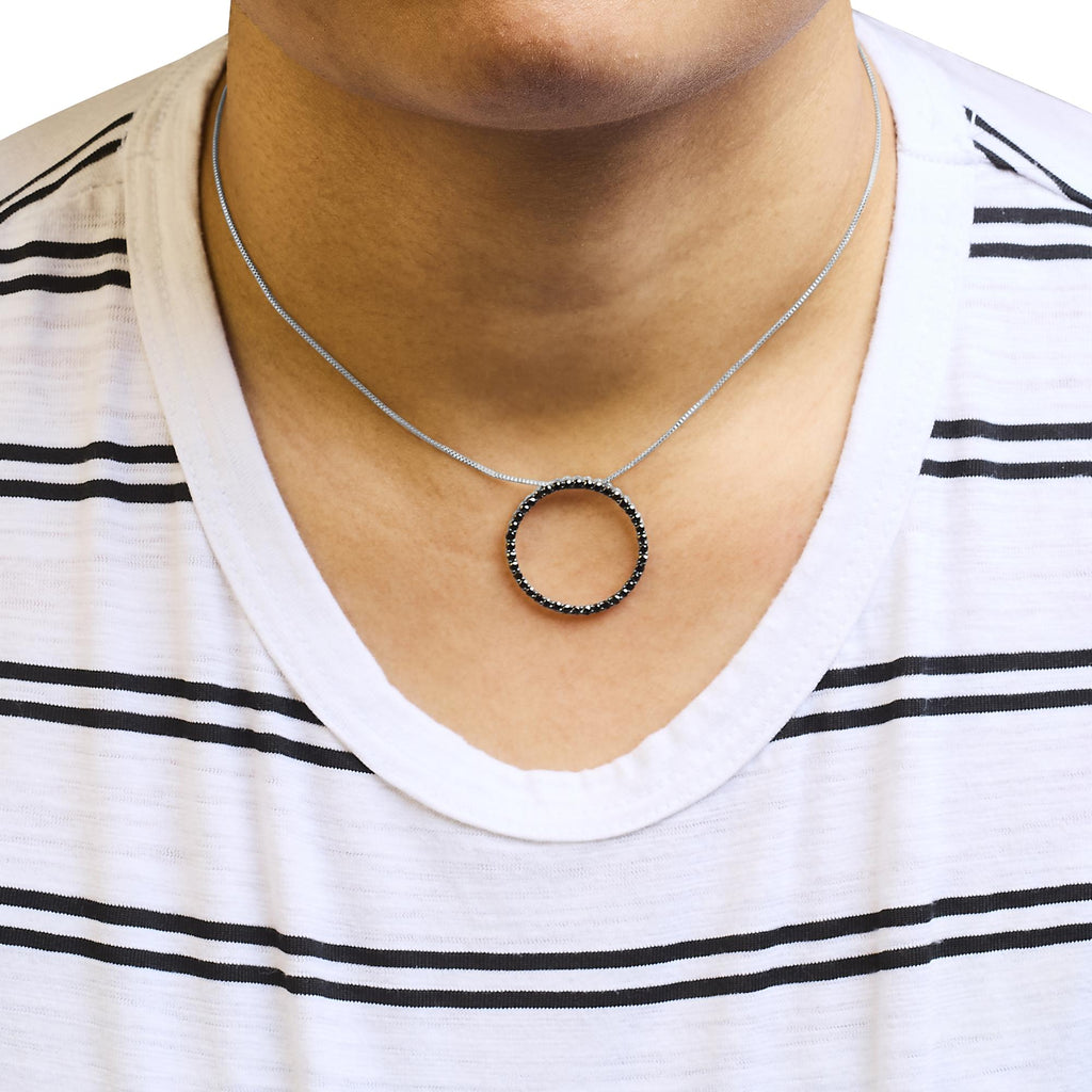 .925 Sterling Silver Black Diamond Open Hoop Circle 18" Pendant Necklace (Black Color, I2-I3 Clarity) - Friggin Jewelry