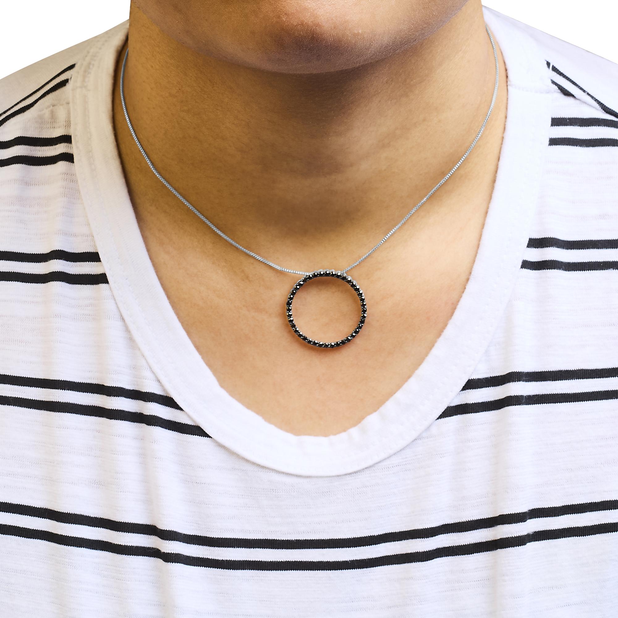 .925 Sterling Silver Black Diamond Open Hoop Circle 18" Pendant Necklace (Black Color, I2-I3 Clarity) - Friggin Jewelry