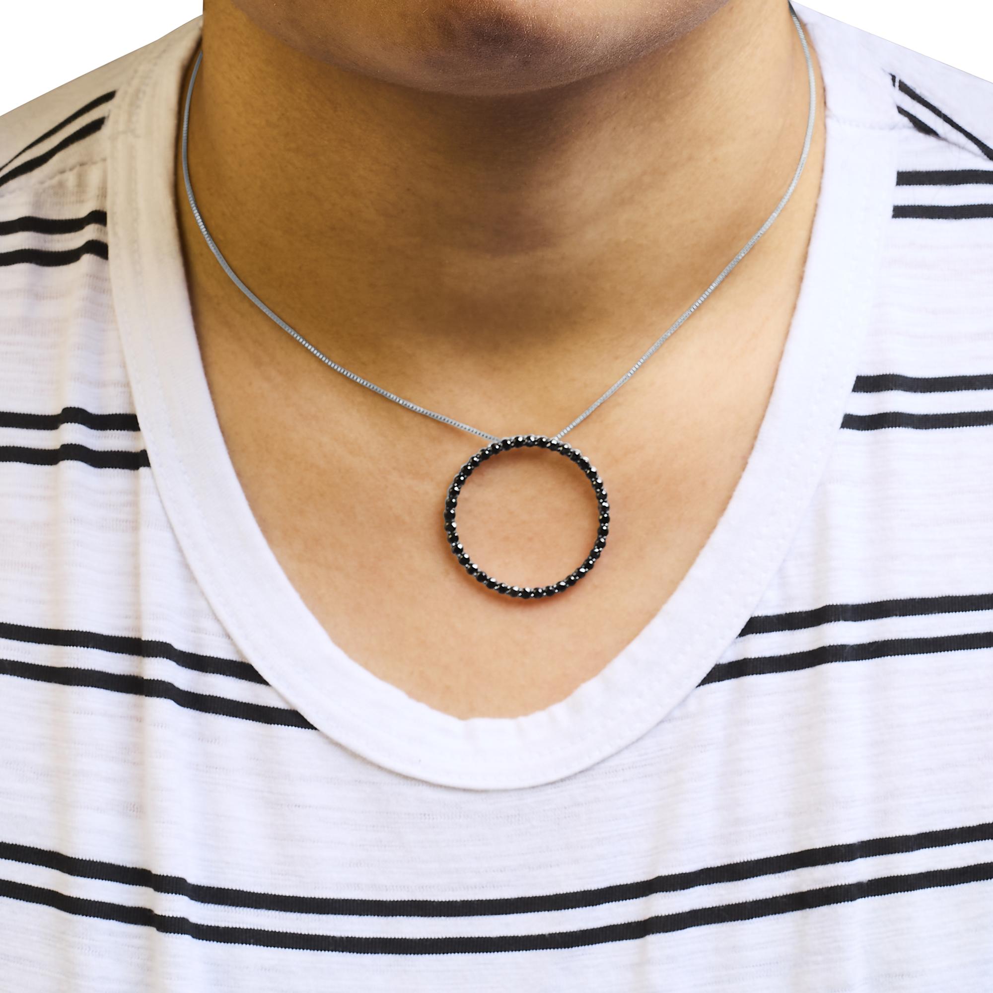 .925 Sterling Silver Black Diamond Open Hoop Circle 18" Pendant Necklace (Black Color, I2-I3 Clarity) - Friggin Jewelry