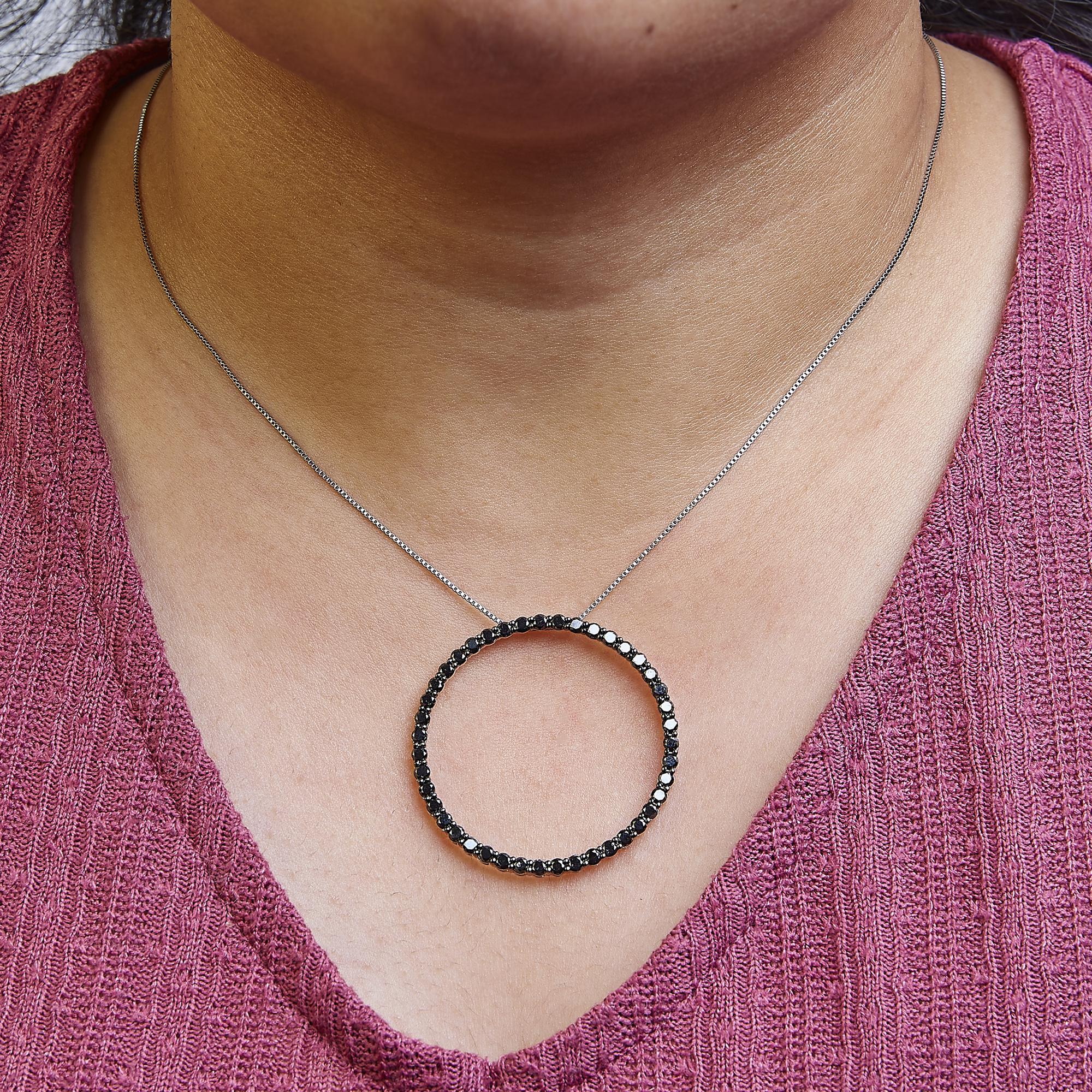 .925 Sterling Silver Black Diamond Open Hoop Circle 18" Pendant Necklace (Black Color, I2-I3 Clarity) - Friggin Jewelry