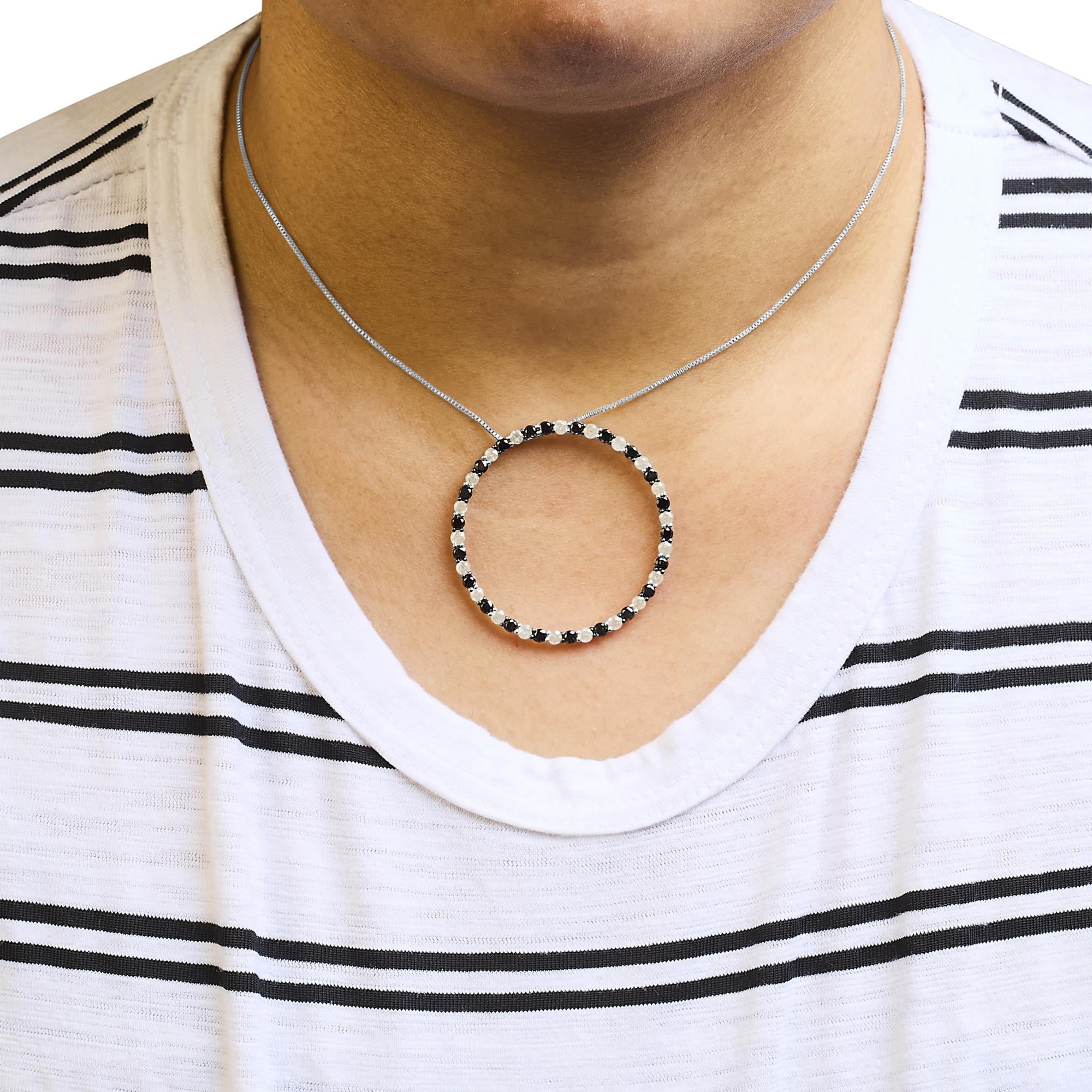 .925 Sterling Silver 3.0 Cttw Alternating Black and White Diamond Open Hoop Circle Pendant Necklace (H-I Color, I3 Clarity) - 18" Inches - Friggin Jewelry