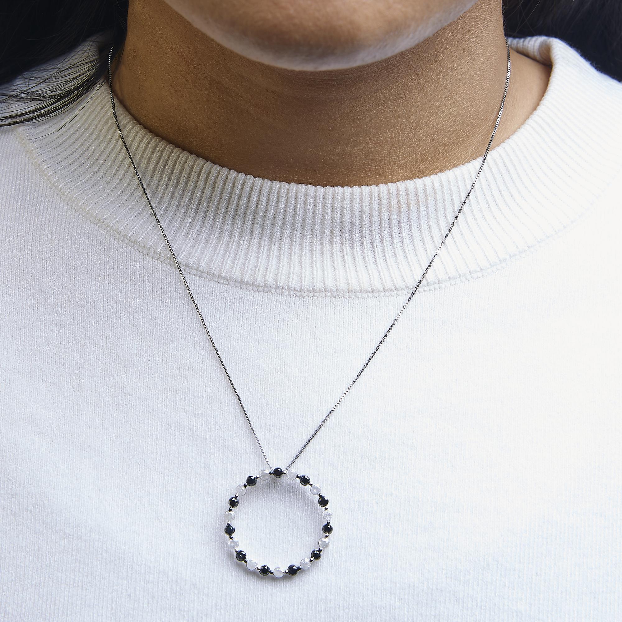 .925 Sterling Silver 1 3/4 Cttw Alternating Black and White Diamond Open Circle Hoop Pendant Necklace (H-I Color, I2-I3 Clarity) - 18" Inches - Friggin Jewelry