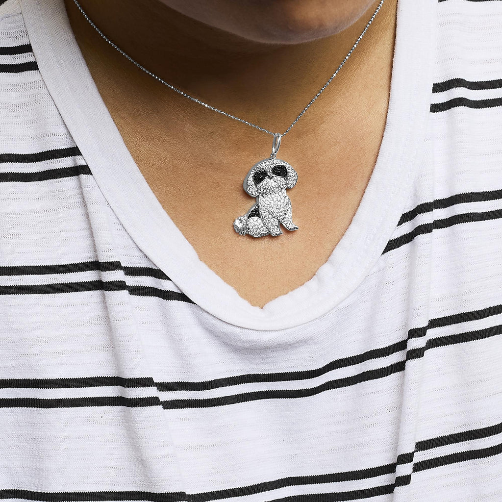 .925 Sterling Silver 1 1/4 Cttw Diamond Shih Tzu Dog Pendant Necklace 18 inch (Black and I-J Color, I2-I3 Clarity) - Friggin Jewelry
