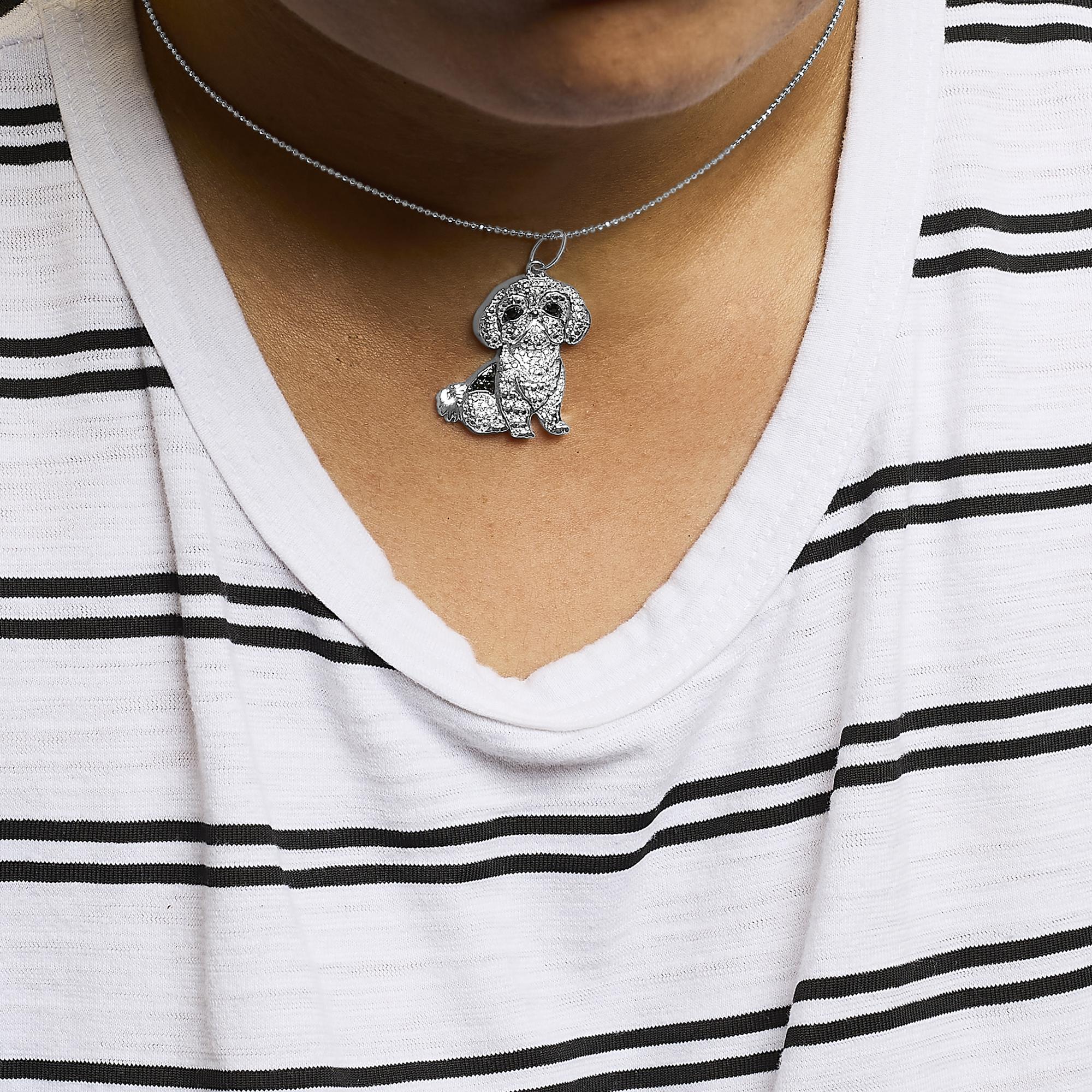 .925 Sterling Silver 1/2 Cttw White and Black Diamond Shih Tzu Dog 18" Pendant Necklace (I-J Color, I2-I3 Clarity) - Friggin Jewelry