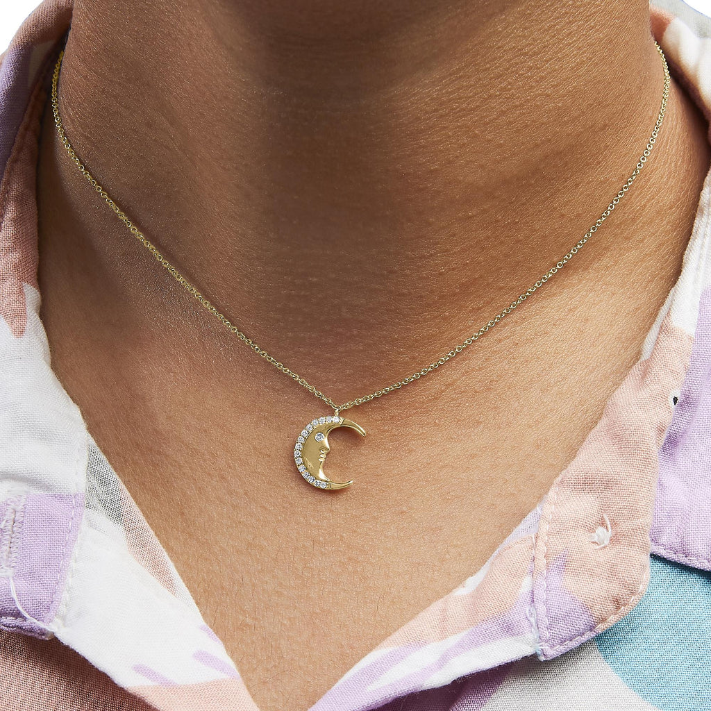 14K Yellow Gold 1/10 Cttw Diamond Crescent Man on the Moon 18" Pendant Necklace (H-I Color, SI1-SI2 Clarity) - Friggin Jewelry