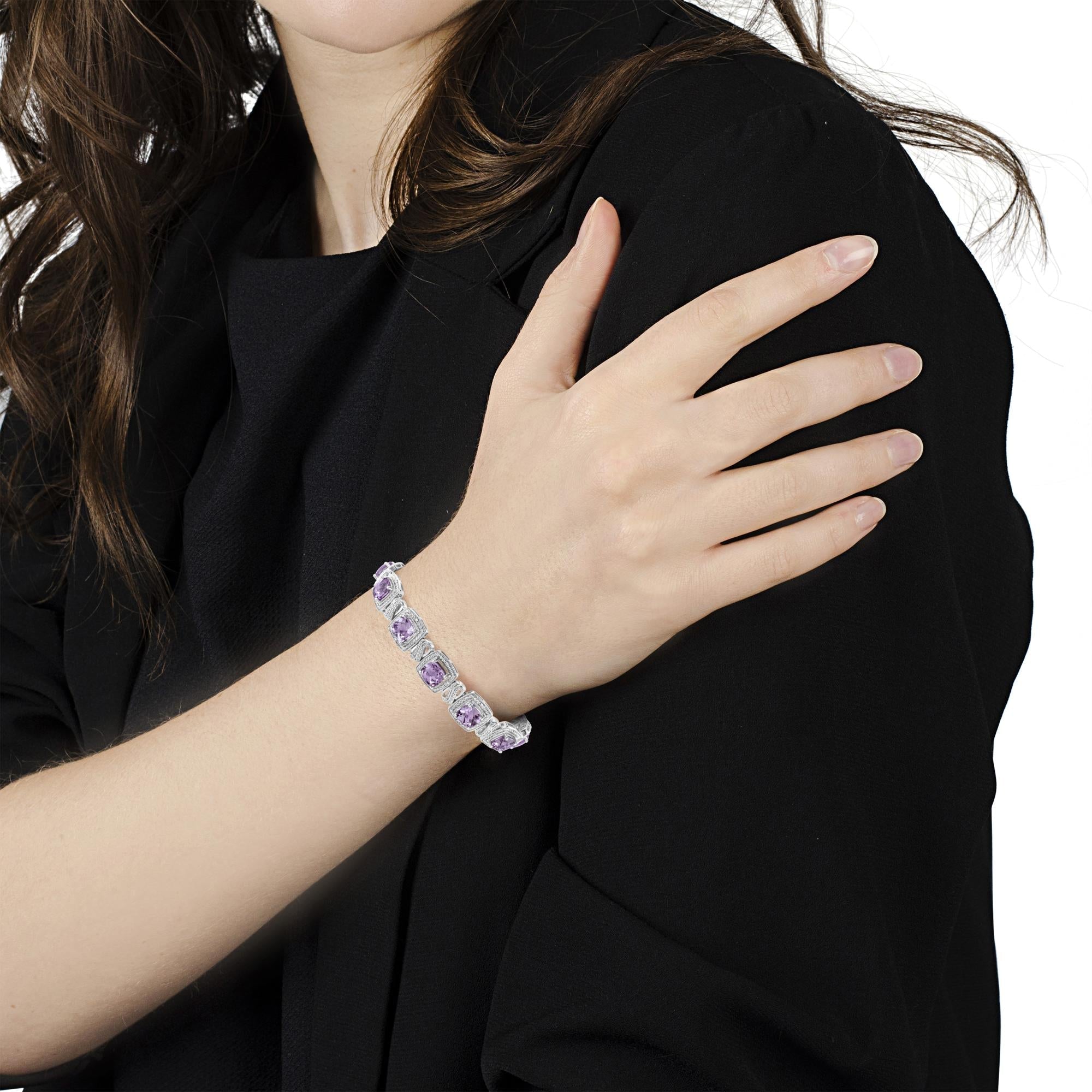 Pulsera de tenis de plata de ley 925 de 7 x 7 mm con amatista morada de talla cojín y 1/10 ct de diamante redondo de forma cuadrada (color IJ, claridad I1-I2) - 18 cm - Friggin Jewelry