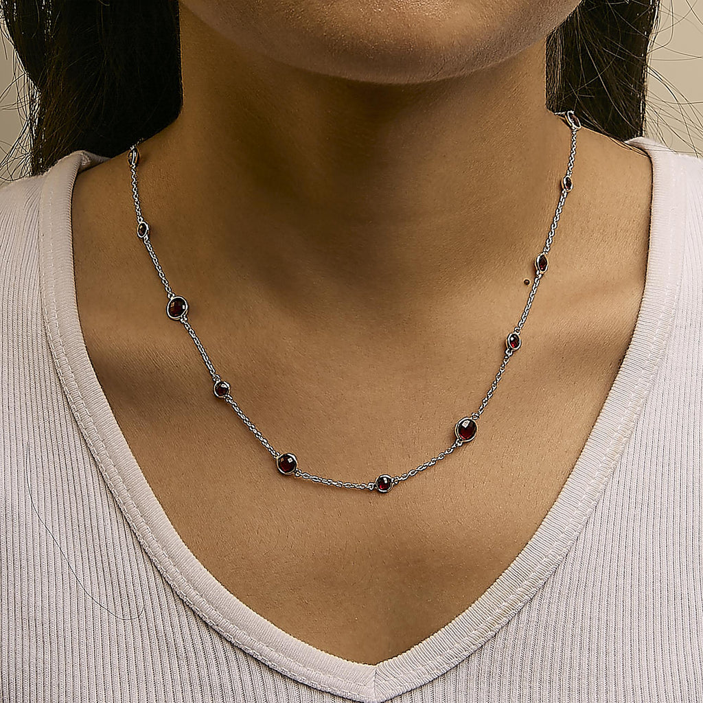 .925 Sterling Silver Checkerboard Cut Red Garnet Bezel Station Necklace - 22" Inches - Friggin Jewelry