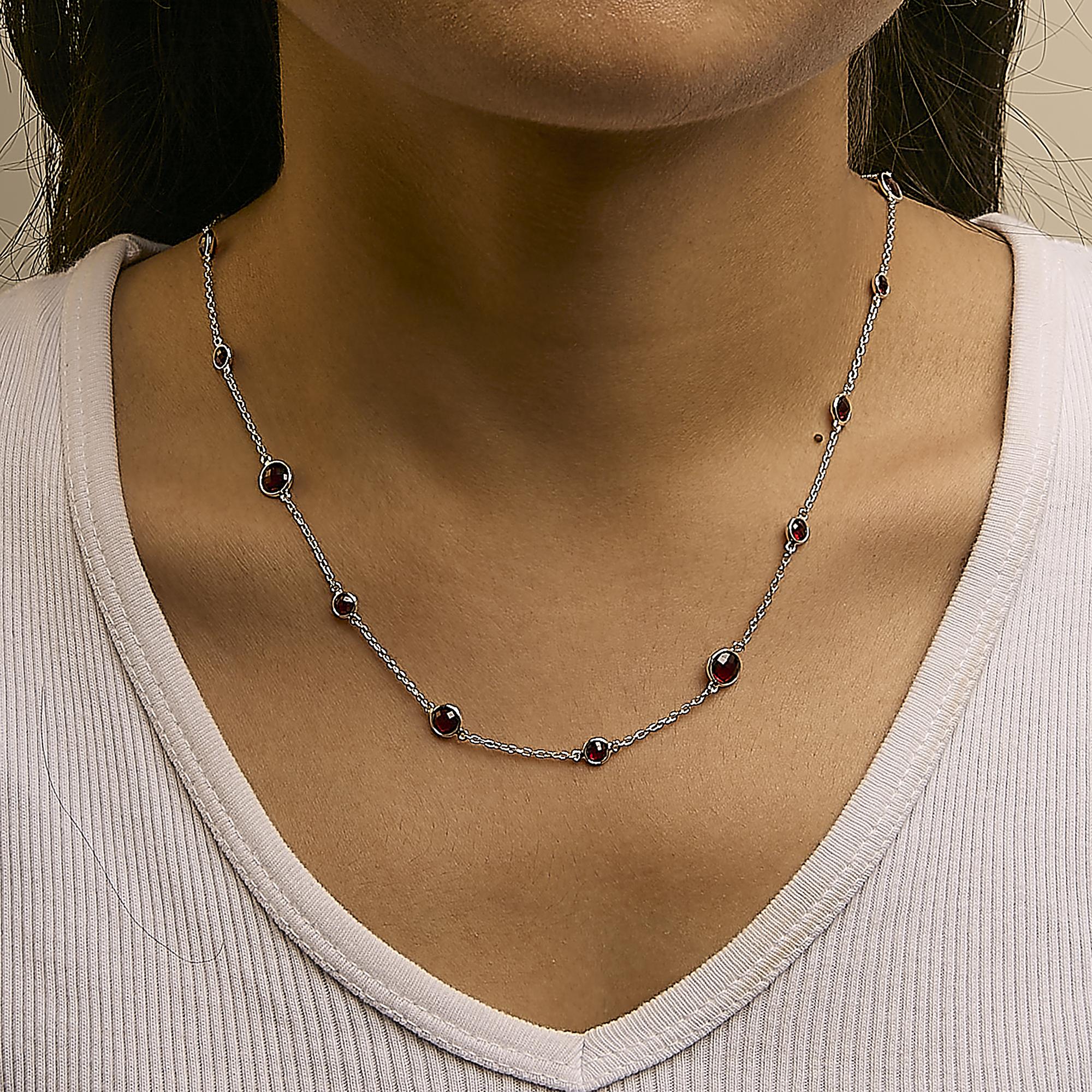.925 Sterling Silver Checkerboard Cut Red Garnet Bezel Station Necklace - 22" Inches - Friggin Jewelry