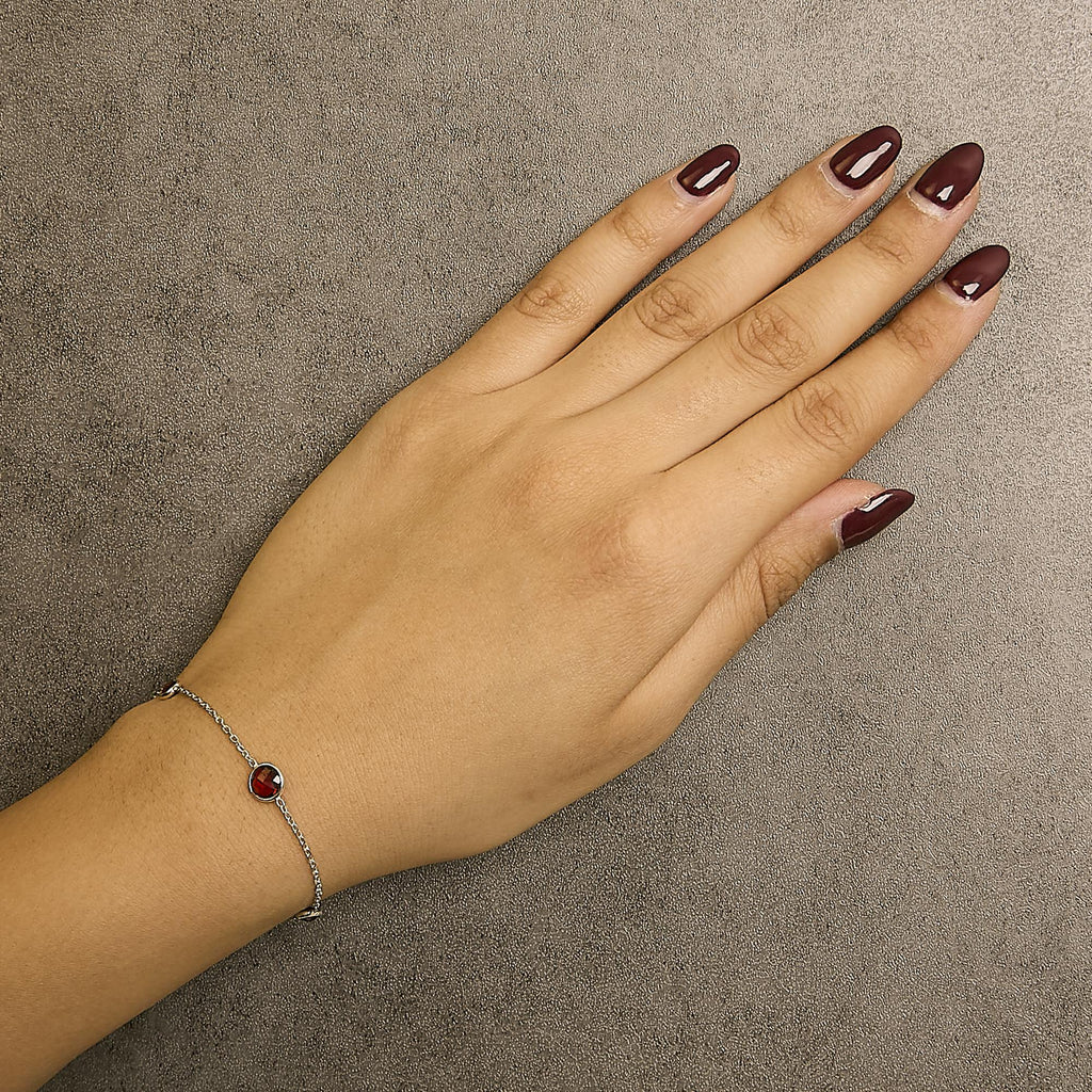 .925 Sterling Silver Bezel Set Red Garnet 5 Station Adjustable Bolo Bracelet - Friggin Jewelry