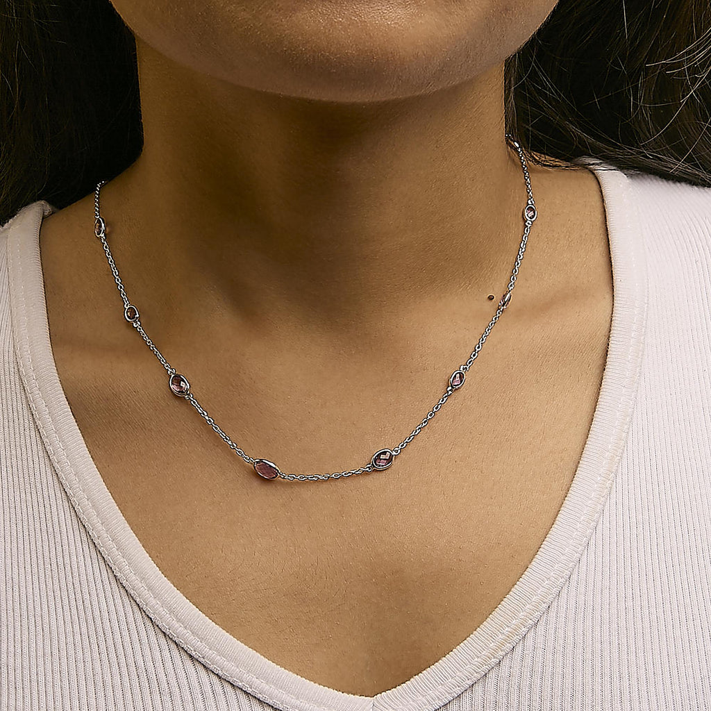 .925 Sterling Silver Checkerboard Cut Purple Amethyst Bezel Station Necklace - 22" Inches - Friggin Jewelry